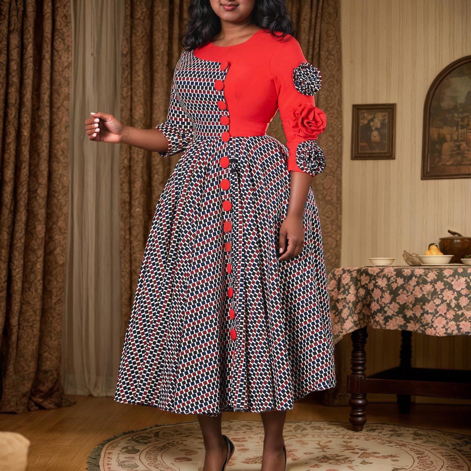 Générique Robe Africaine Patchwork élégante et Tendance pour Femme avec col Rond et Manches Trois-Quarts