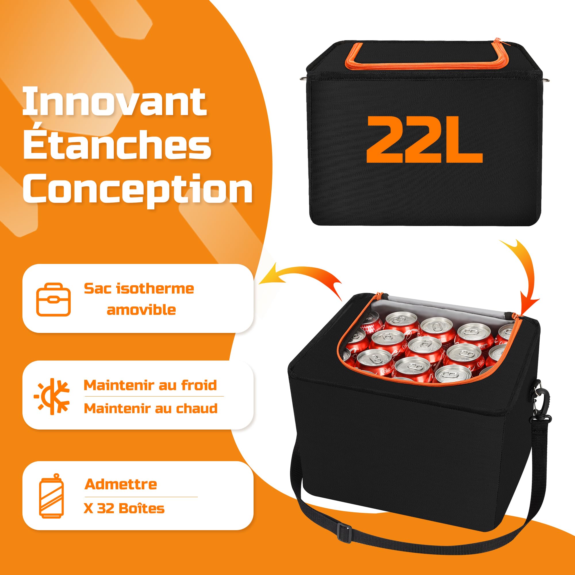 Einesin Rangement Coffre de Voiture Organisateur Coffre 88L avec 22L Sac Isolant Amovible, 7 Compartiments Ajustables, Sac De Rangement Pliable avec Couvercle, Fond Antidérapant