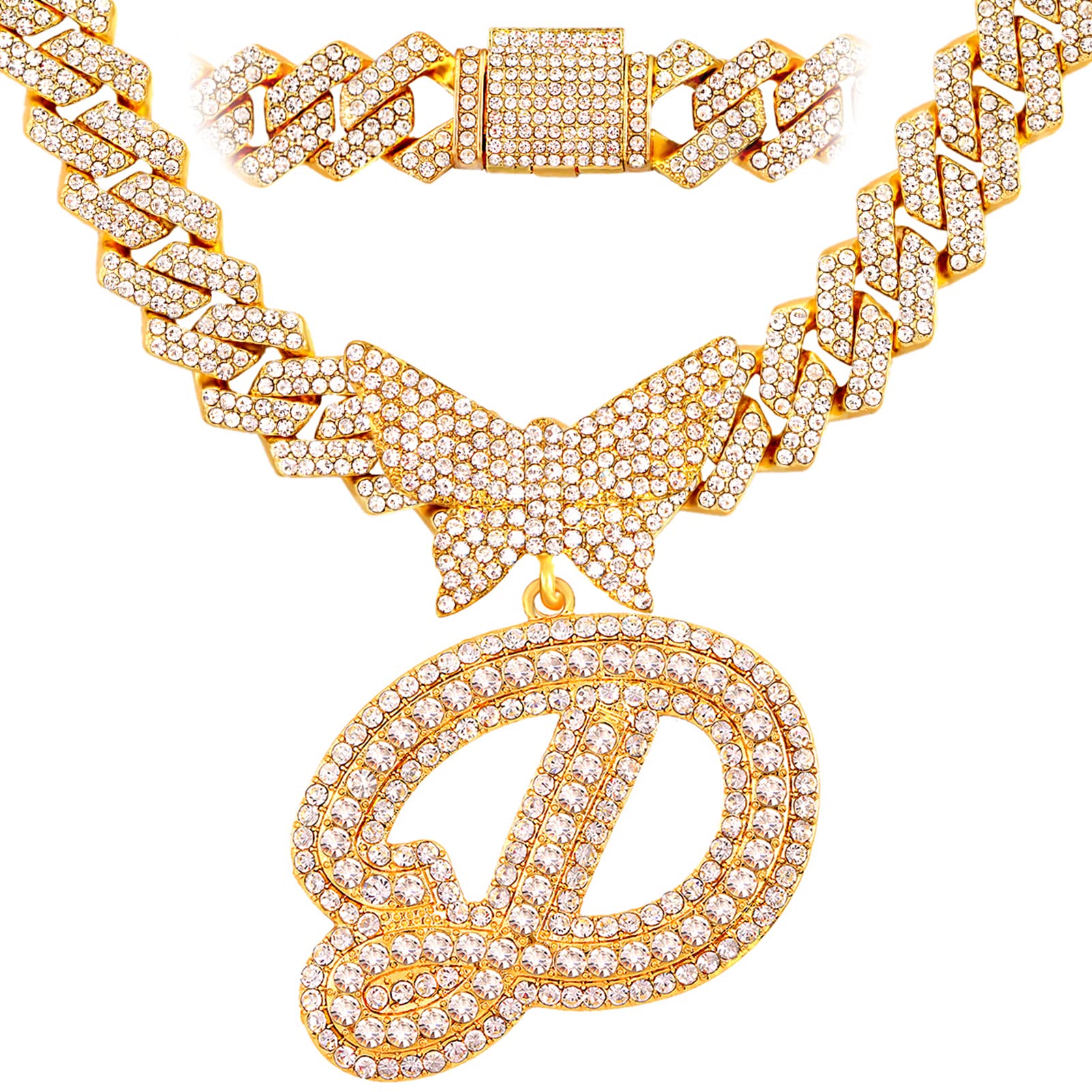 YOXWSKAJNCTCOE Cuban Link Chain for Women Cursive Silver Initial 14MM Diamond Prong Cuban Chain Hip Hop Iced Out Chain Necklace Butterfly Initial Letter Name Necklaces for Women