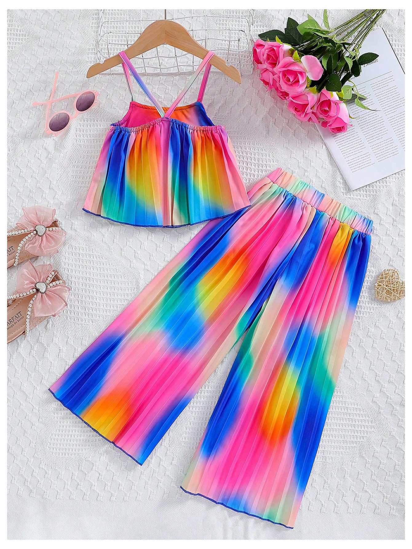 RoseSeek Conjunto bohemio de 2 piezas para niña, camisolas plisadas con tirantes delgados y pantalones de pierna ancha con cintura elástica