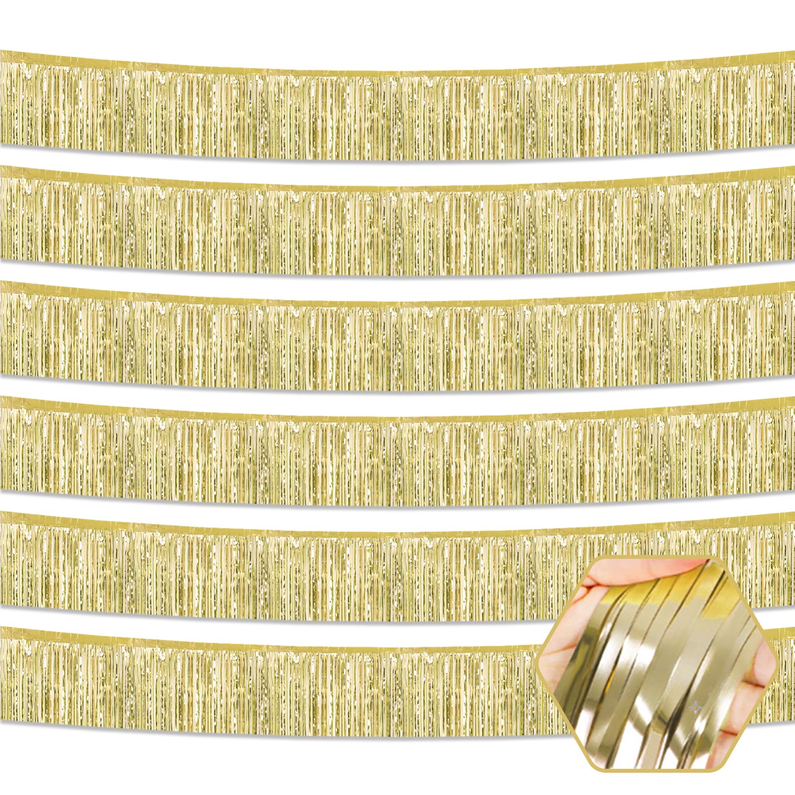 6 Pack 10 Feet Light Gold Foil Fringe Garland Metallic Tinsel Streamers Banner Wall Hanging Curtain Backdrop for Parade Floats, Birthday, Graduate, Mother's Day, Wedding Party Decoration