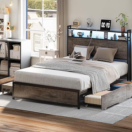 VINGLI Base de cama LED Queen con 4 cajones de almacenamiento y estante de cabecera ajustable, plataforma de metal con estación de carga para niños,