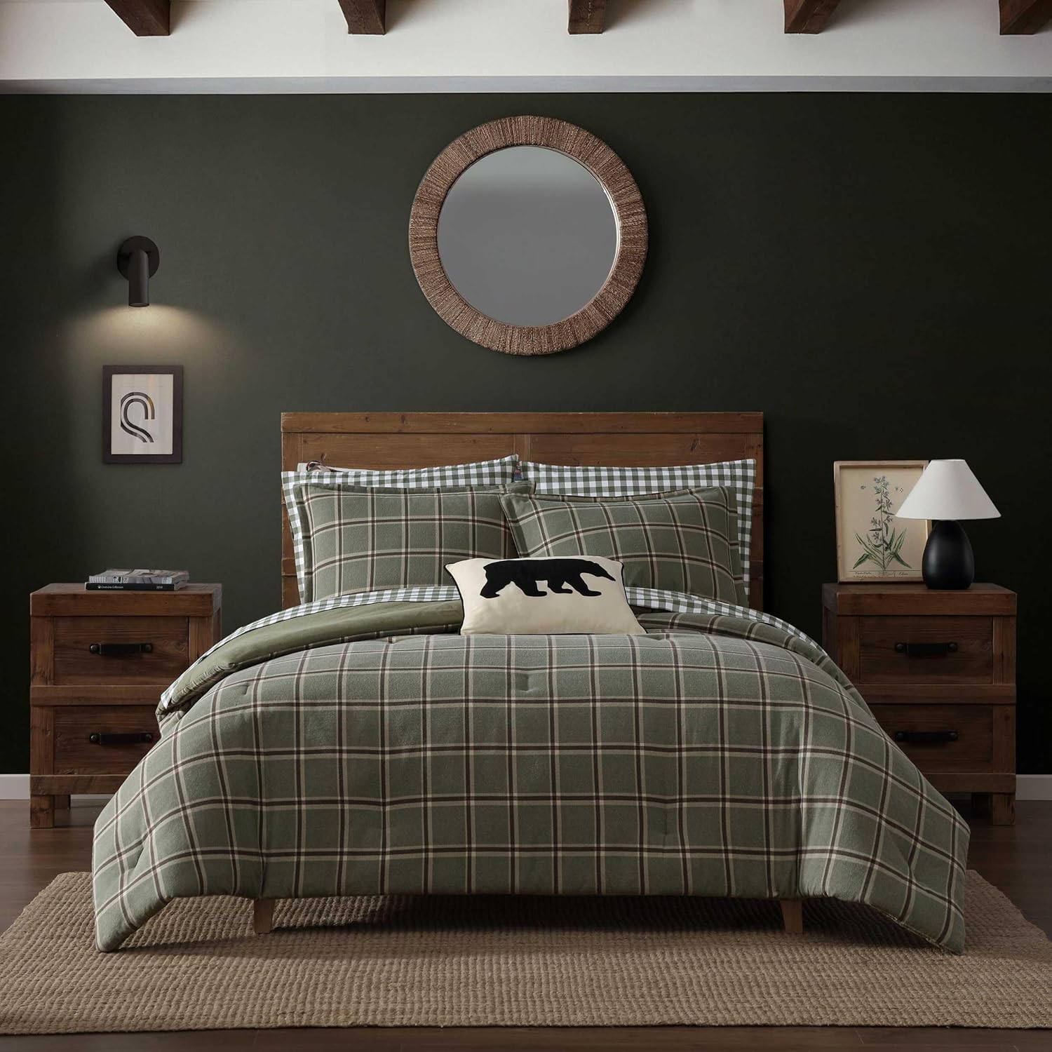 Eddie Bauer - Queen Comforter Set, Naturally Soft Cotton Flannel Bedding w/Matching Pillowcases, Medium Weight for Year Round Use, 3 Piece Bed Sets (Alpine Plaid Green) Queen Alpine Plaid Green
