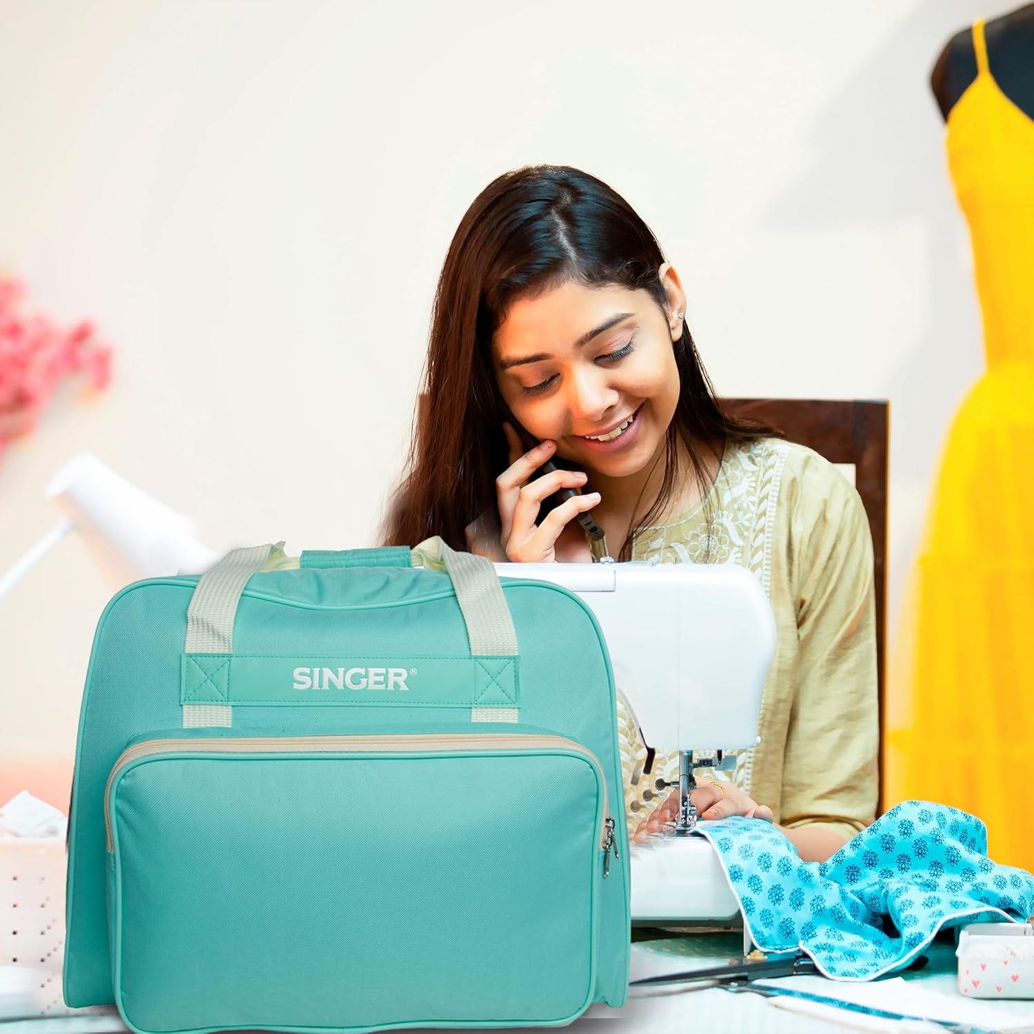 SINGER® Machine Carrying Case, Teal Color, Spacious Case Fits Most Standard Sewing Machines and Sergers, Fully-Padded Interior, Durable Canvas Exterior, Easy Zip, Large Front Pocket, Easy Transport