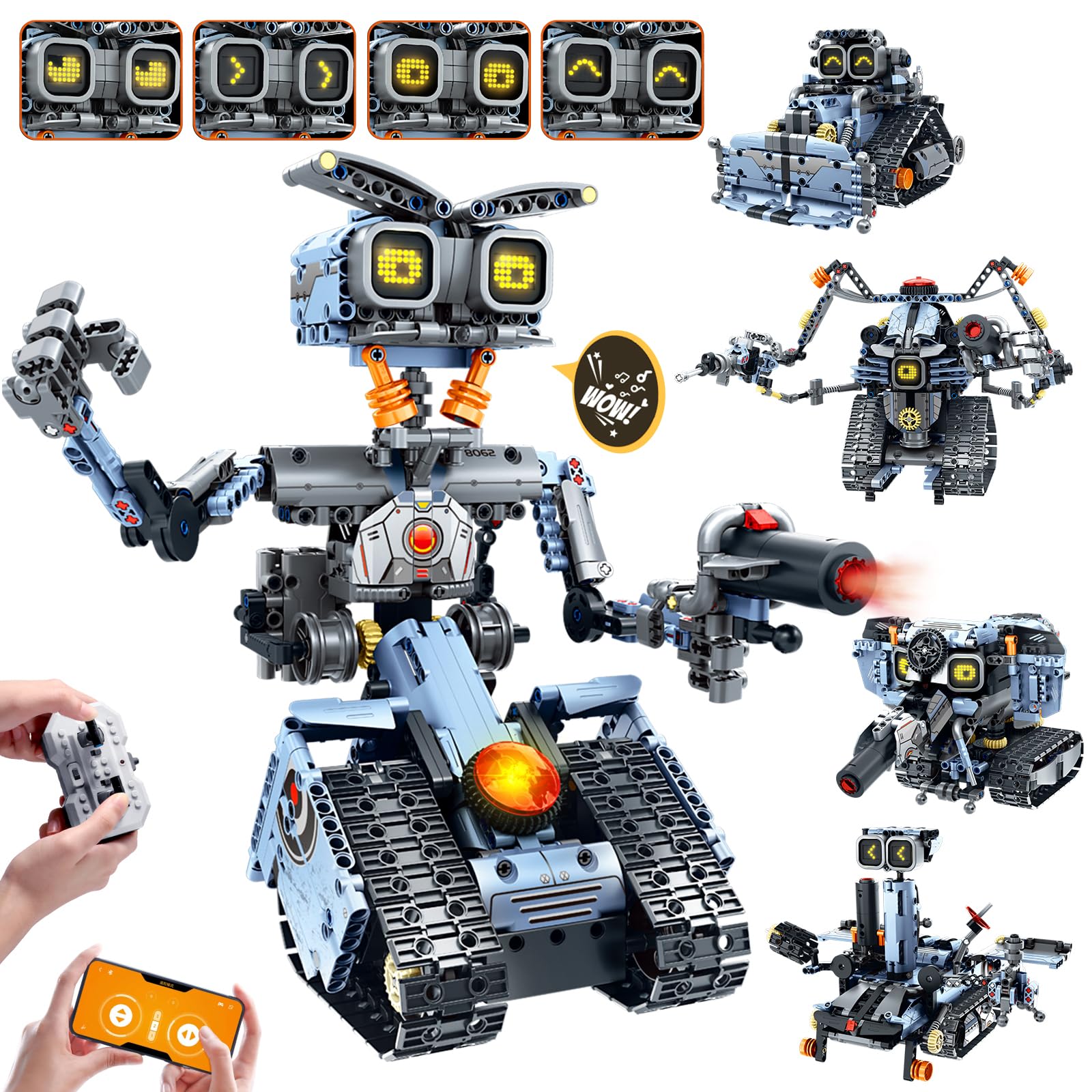 HiWEEGO Technik Roboter Bausatz für Kinder mit LED Augen, 5-in-1 App Fernbedienung Roboticset Baustein RC Bulldozer/Panzer/Engineering Spielzeug Geschenk für Jungen Mädchen Teens 8+ Jahre (699 Stück)
