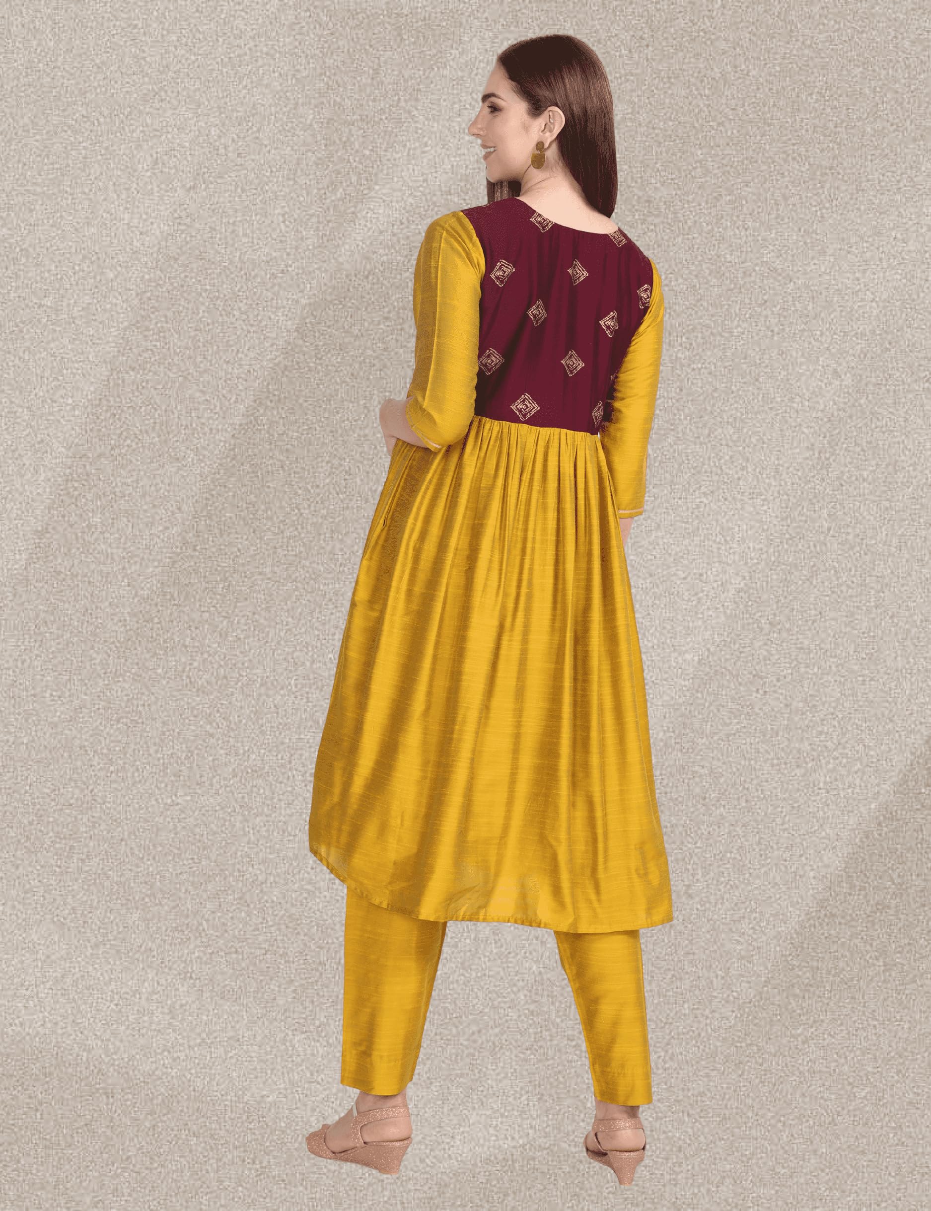 Pavisa Womens Alia Cut Cotton Silk Gold Foil Prints Yellow and Green Maternity Salwar Suit with Deep Two Side Pockets (XXX-Large, Yellow and Wine) - Image 7 thumbnail