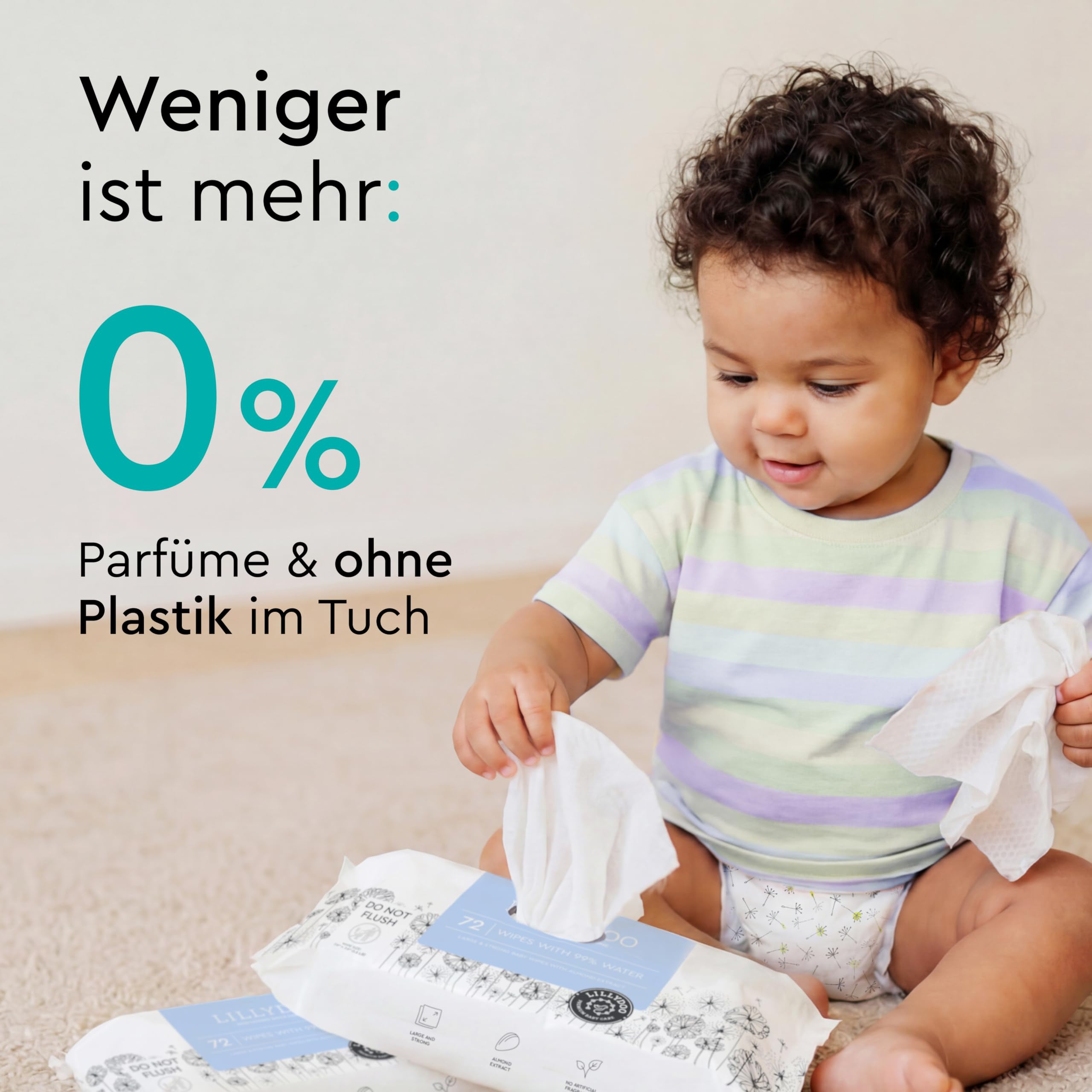 LILLYDOO Baby Feuchttücher mit 99% Wasser,extra großes Tuch, 576 Stück (8 x72), 100% plastikfrei, ohne Parfüme & mild wie Watte & Wasser,sanft reinigend für empfindliche Haut,Dermatologisch getestet