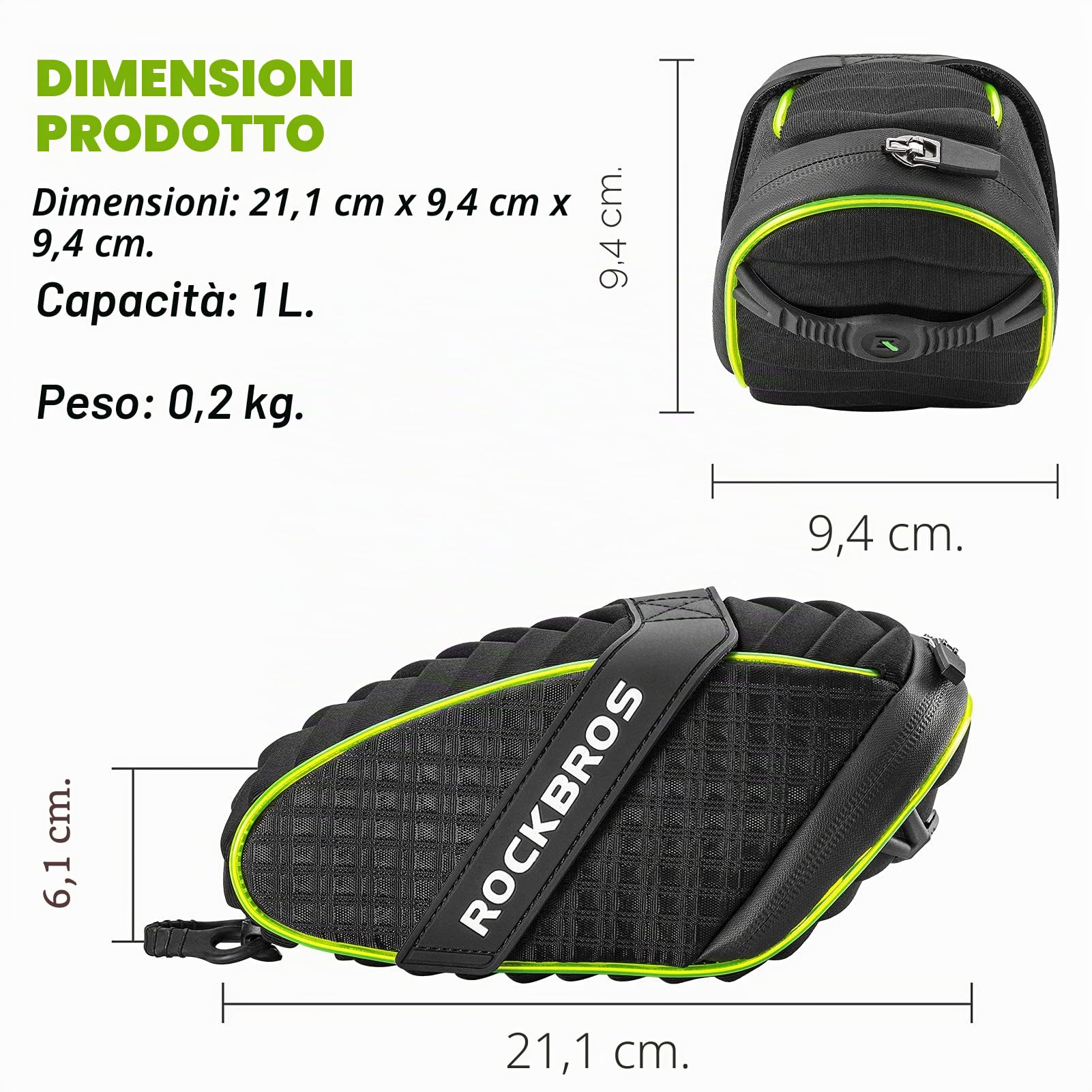 ROCKBROS Borsa da Sella Bici, Borsa Sottosella per MTB Bicicletta, Design Originale con Luci Fluorescenti, Grande Capacità 1L, Accessori Bici