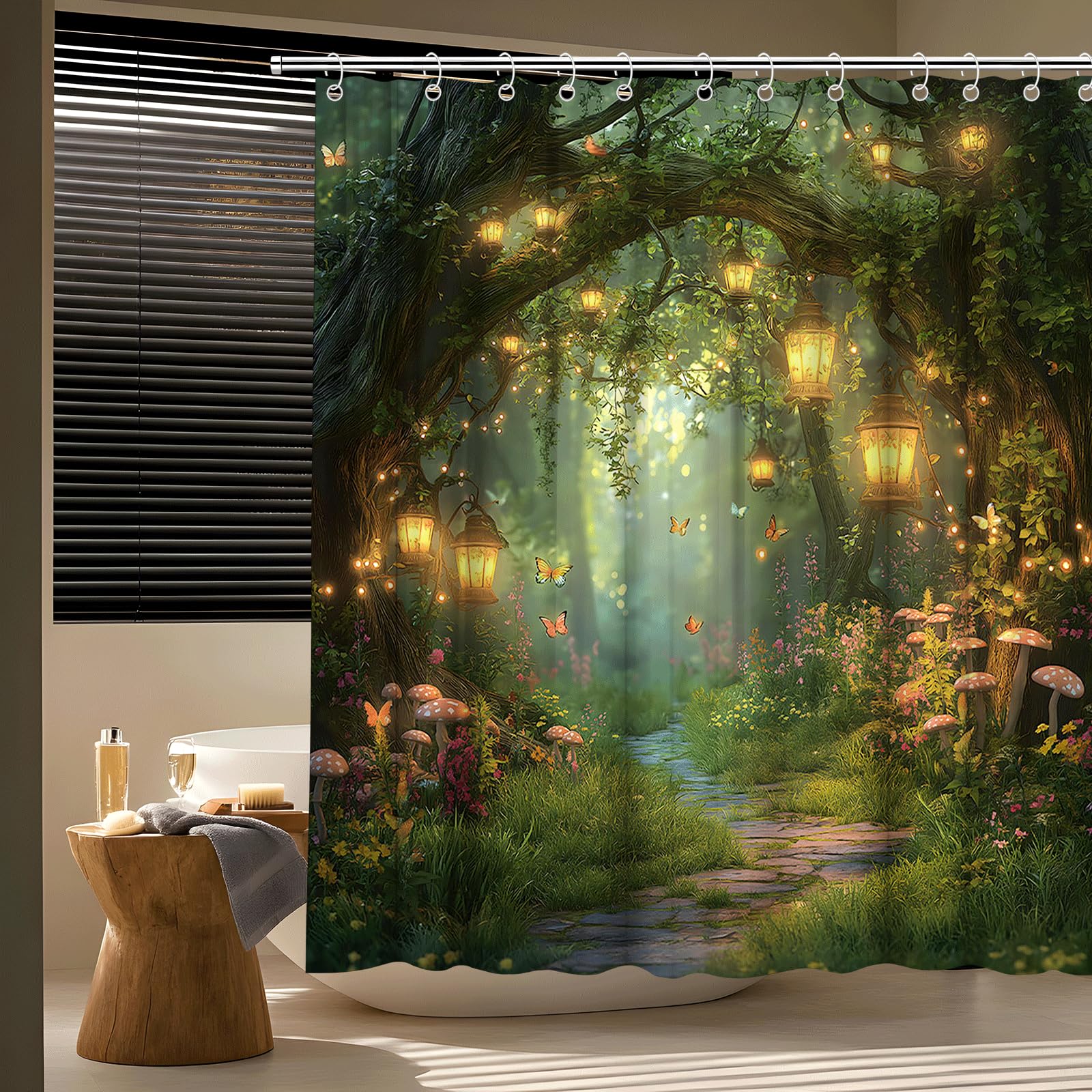 Fantasy Forest Path Shower Curtain Fairy Magical Enchanted Misty Jungle Mushroom Floral Tree Butterfly Lantern Wonderland Plant Bath Curtain Fabric