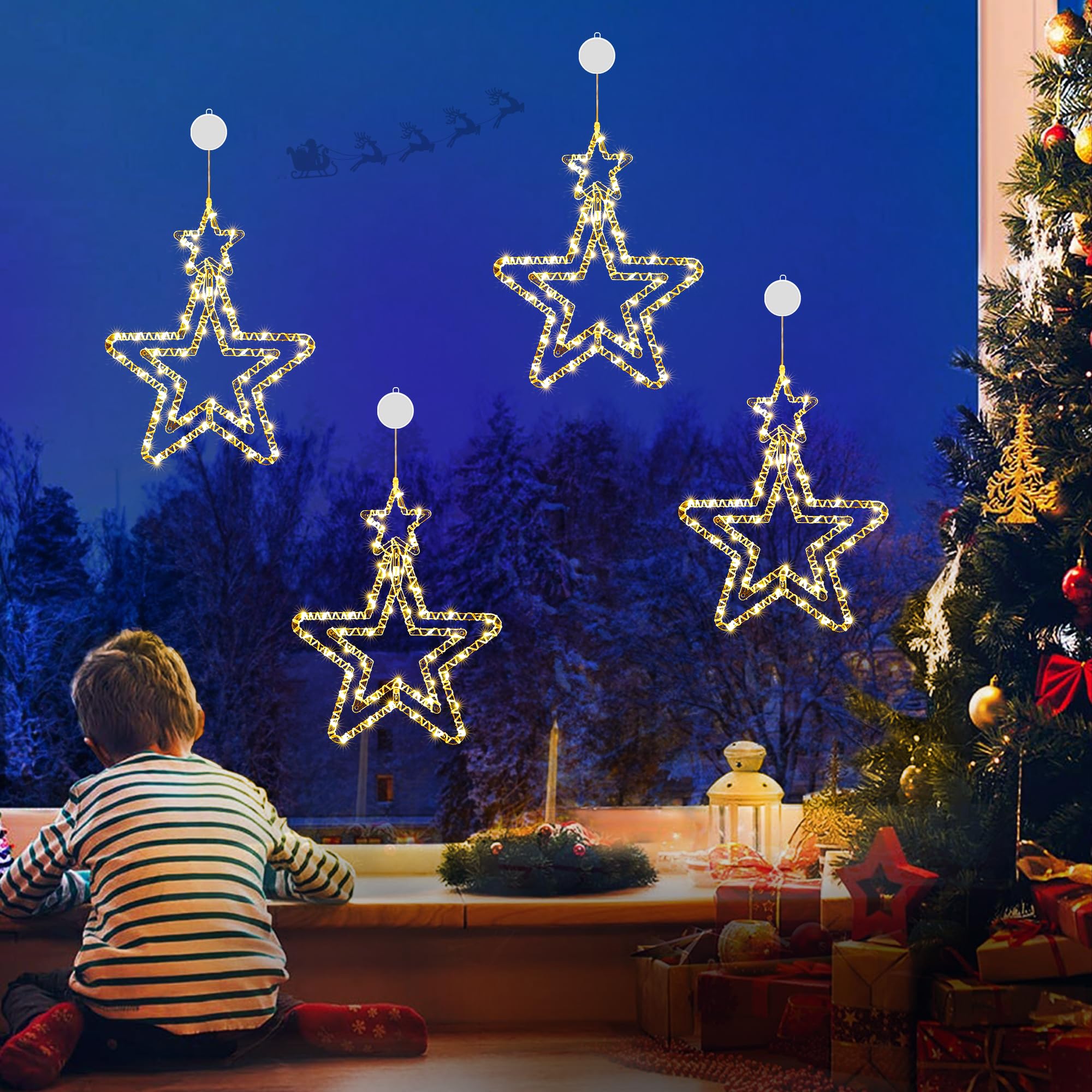 BrizLabs Luci a Stella di Natale, 4 Pezzi 48 LED Luci Natalizie per Interni a Batteria Girevoli 3D Stelle Luci Natale Decorazione per Finestra Esterno Matrimonio Balcone Festa, Bianco Caldo