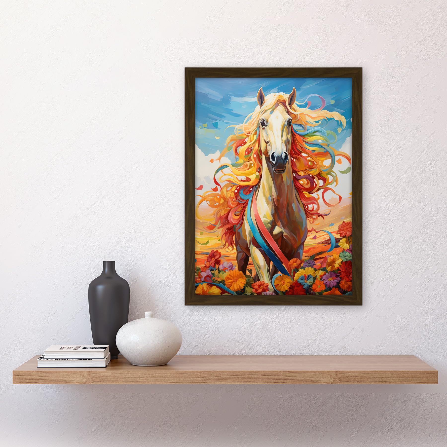 Artery8 Girls Bedroom Nursery Artwork Fantasy Horse Colourful Mane Bright Bold Fun Happy Artwork Framed A3 Wall Art Print - Image 2