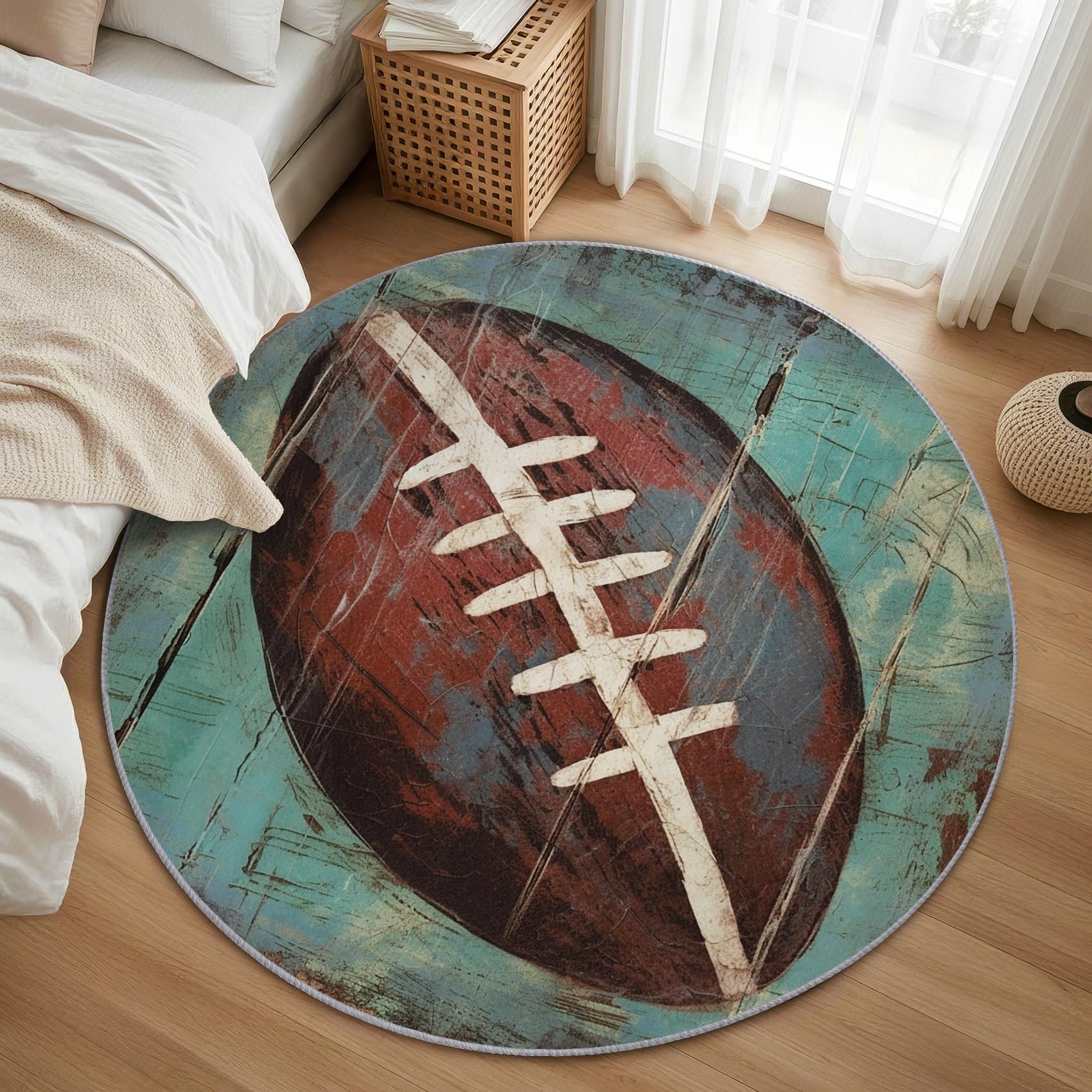 American Football Teppich Rund 120cm Kurzflor - Waschbare Teppiche Wohnzimmer Rugby Sportmotiv Jungen - Runder Teppich 120 Durchmesser Kinderzimmer - Bettvorleger Schlafzimmer Rutschfest Weich