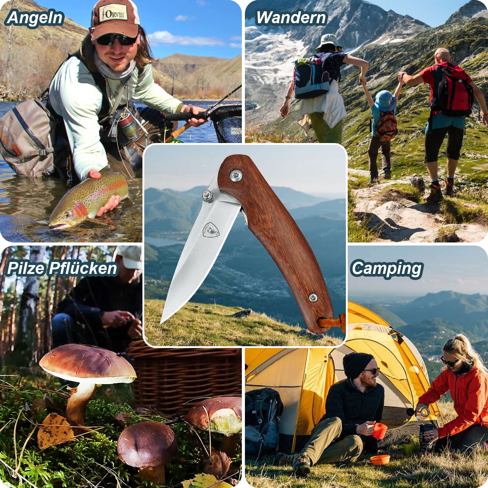 AUBEY Taschenmesser Klein, Scharfes Klappmesser Mini Messer mit 440 Stahl Klinge, Holzgriff, Liner Lock - EDC Messer Pocket Knife für Outdoor Survival Jagd Angeln Geschenk Sammeln