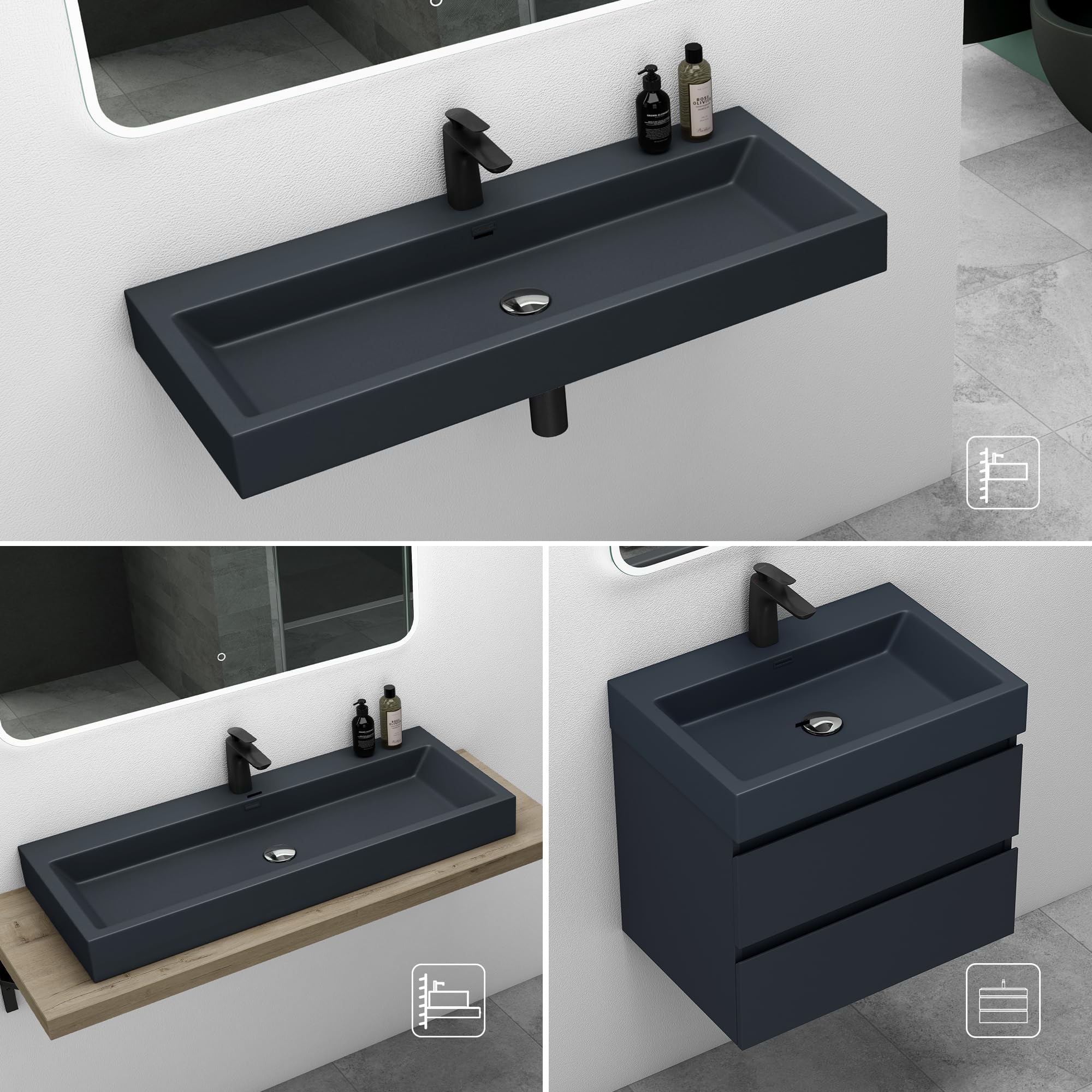 Mai & Mai Lavabo de Pared Antracita Mate con Rebosadero col06 Lavabo sobre Encimera Rectangular de Fundición Mineral con 1 Orificio para Grifo 76.5x42x10cm