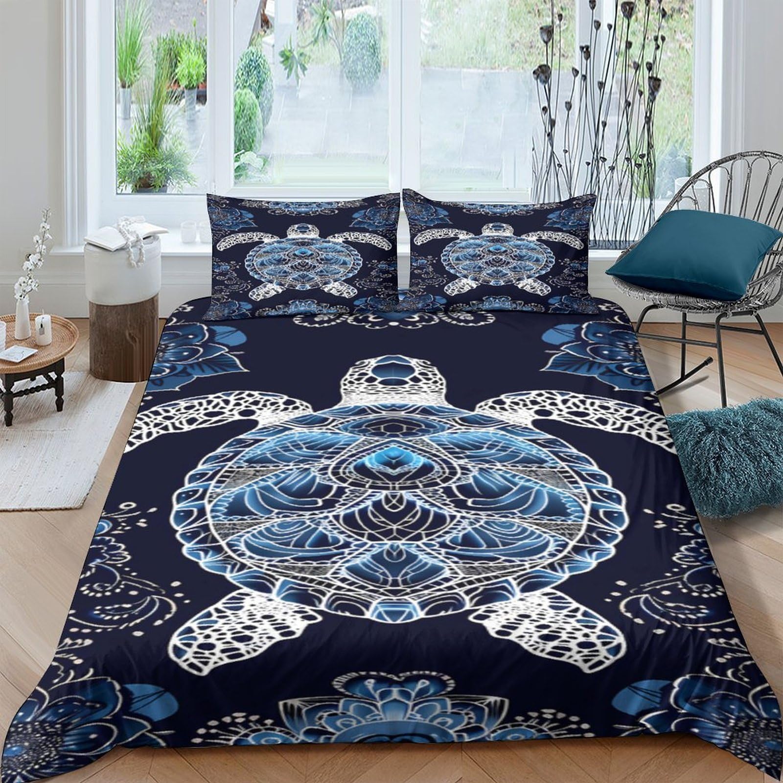 Ctjqhvkz Style-2 3D Printed Turtle Mandala Fitted Sheet Microfiber Navy Blue Ethnic Bed Cover For Bedroom Dorm Mattress Decor Single（135X200cm）