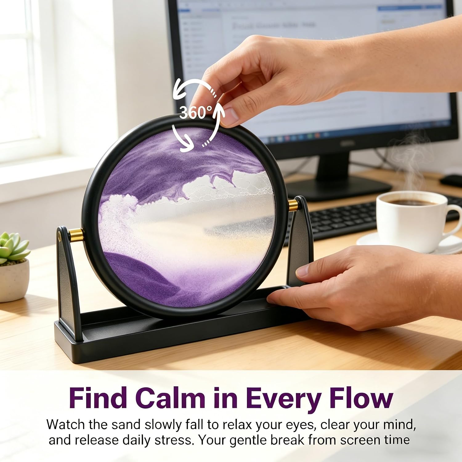Aelgiosm Moving Sand Art Picture - 3D Liquid Motion Deep Sea Sandscape with Easy-Flip Round Glass Frame, Flowing Sand Relaxing Desktop Decor for Home and Office (Purple, 10″)