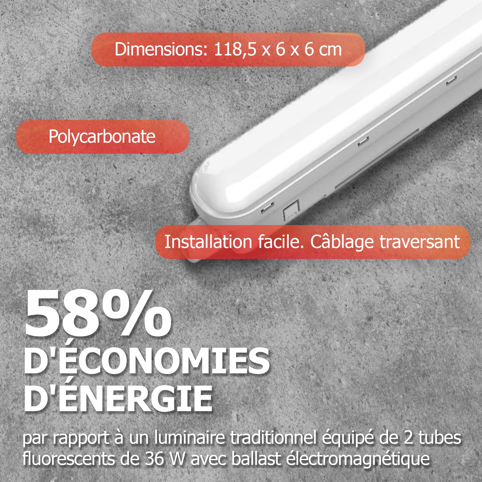 PILA Écran étanche LED 120 cm, 36 W, design classique, non réglable, lumière blanche neutre (4000 K), 4000 lumens, CRI80, IP65, IK08, durée de vie de 35 000 h, câblage traversant