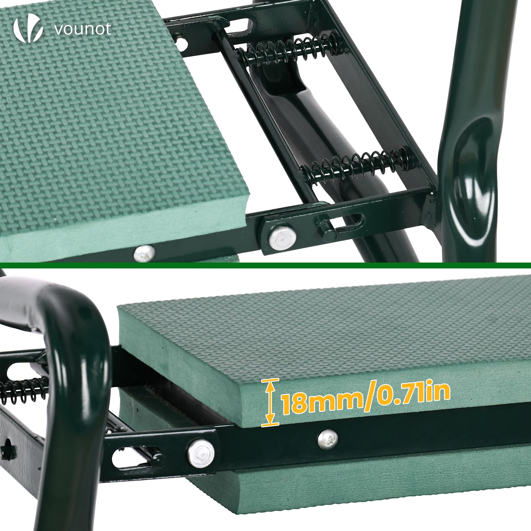 vounot® Banc de Jardinage Pliable 2 en 1 Tabouret Agenouilloir de Jardin avec Pochette de Rangement pour Outils Siège avec Coussin Doux en EVA pour Le Jardinage Extérieur Vert