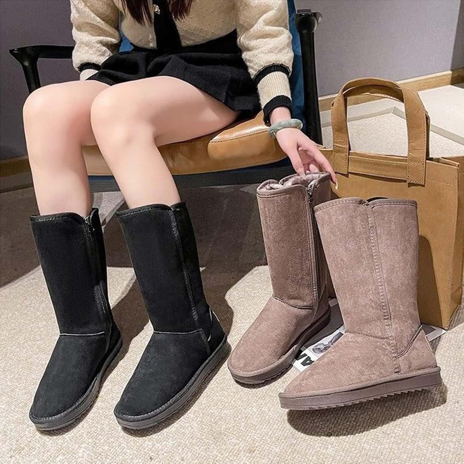 Women's Tall Snow Boots, Non-Slip Outdoor Lace-Up Florin Mid Calf Booties, Side Zipper, Winter Shoes, with Faux Fur Lining Platform Sole for Cold Weather Comfort