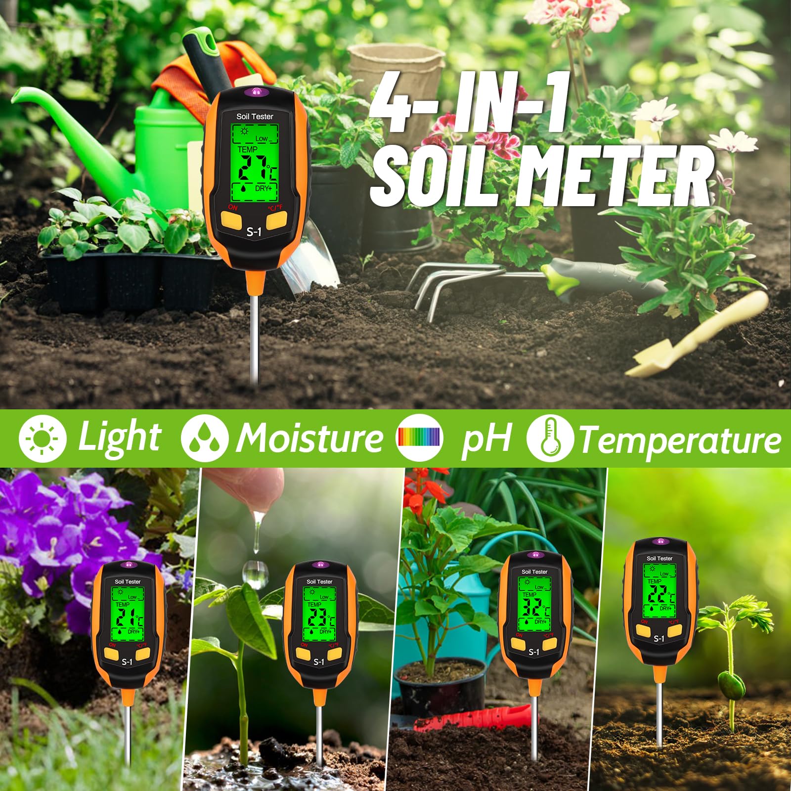 Bortivier Misuratore di Umidità del Suolo 4 In 1 Tester PH