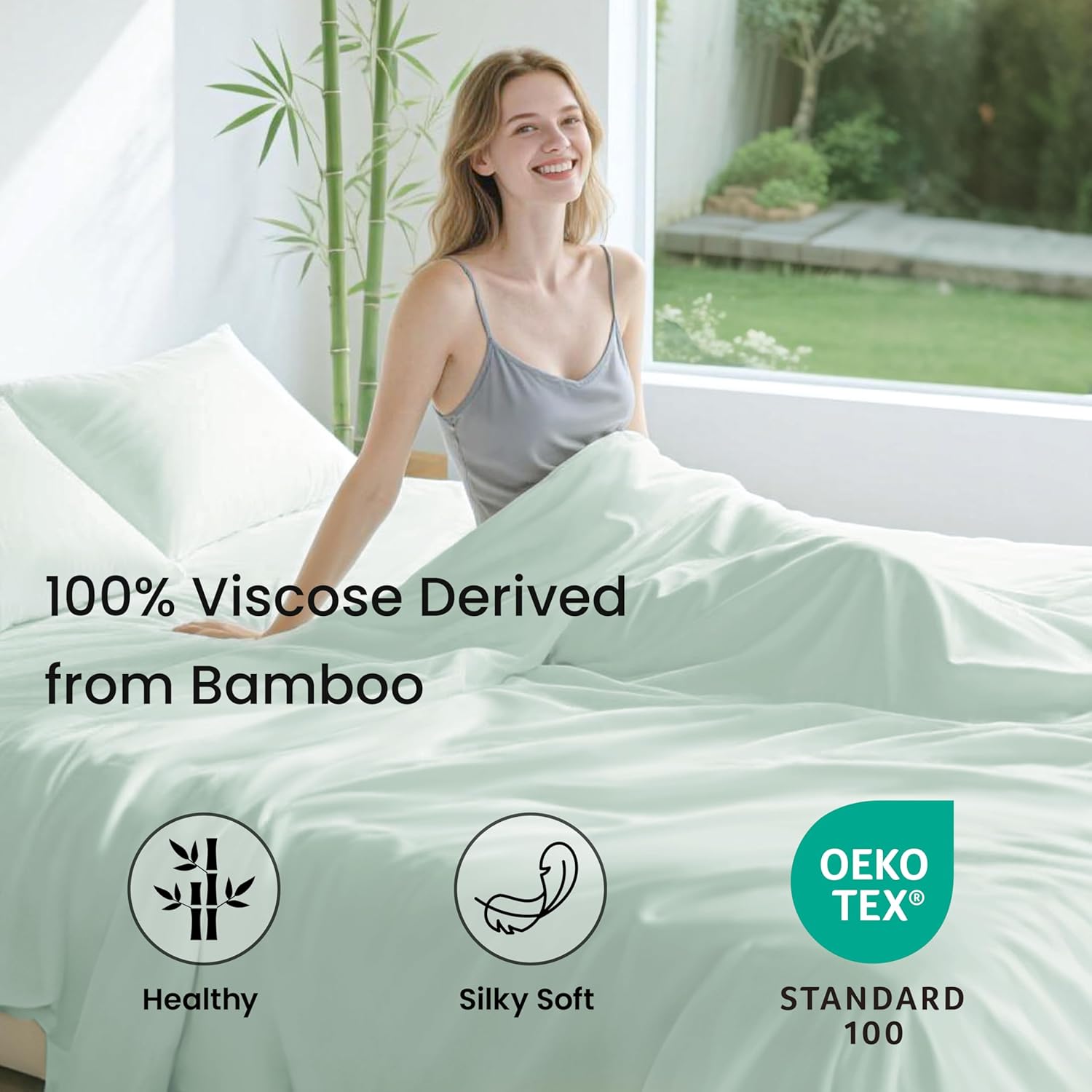 Love's cabin 4 Piece King Size Sheet Set, Cooling Sheets, 100% Rayon Derived from Bamboo, Breathable & Soft King Size Bed Set, Deep Pocket Up to 16", Hotel Luxury Silky Bedding Sheets, Sea Glass - Image 2