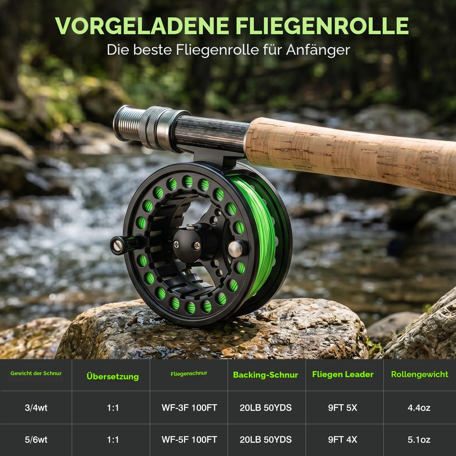 TOPFORT Fliegenfischrute und Rolle Combo Starter Kit, 4-teiliges leichtes Ultra-tragbares Graphit-Fliegenrute, komplettes Starterpaket mit Tragetasche