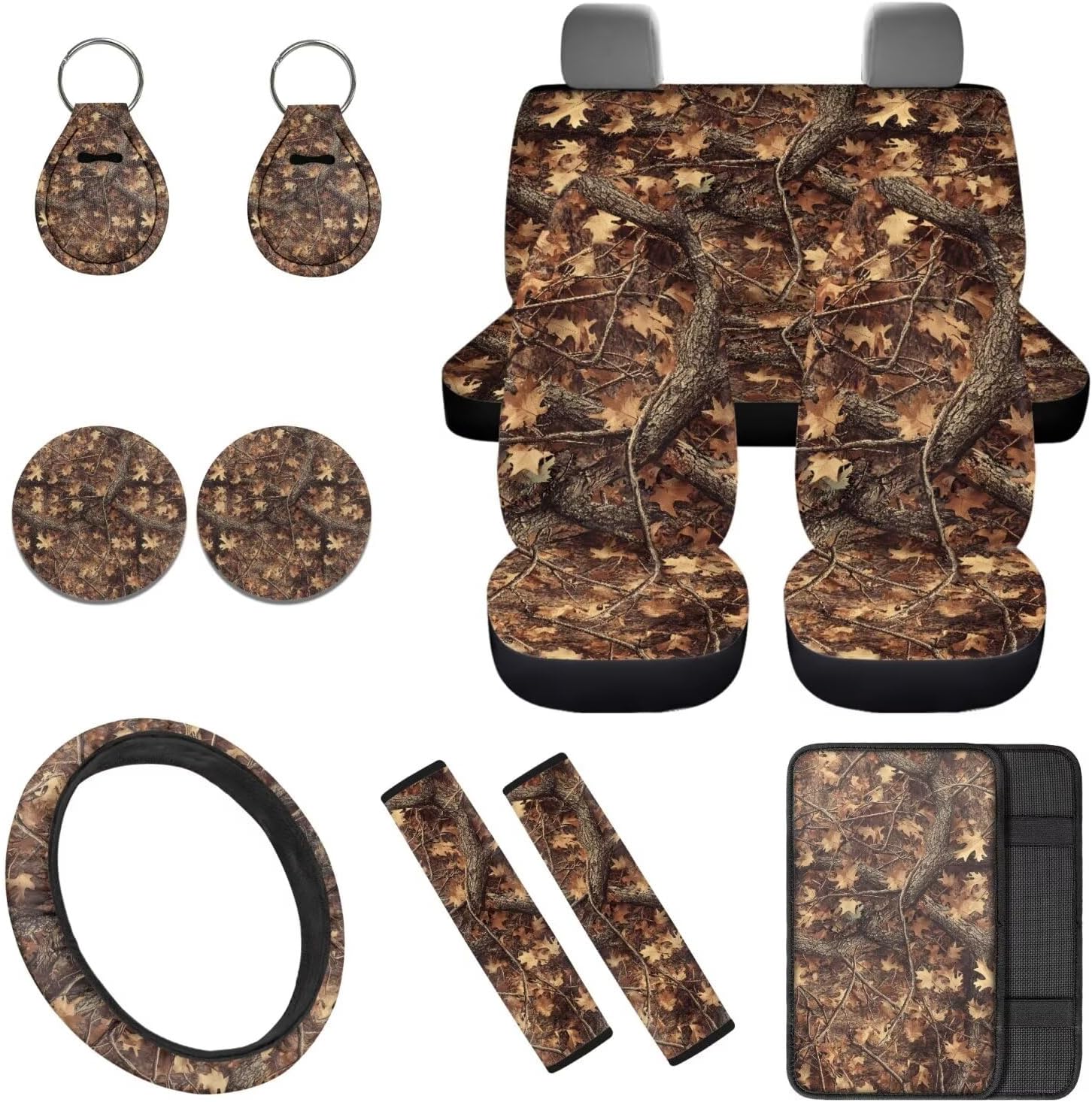Camo Hunting 12 Pcs Car Seat Covers with Steering Wheel Cover,Seat Belt Covers Cup Holder with Keychain Automotive Protector Set Unverisal Fit Cars SUV