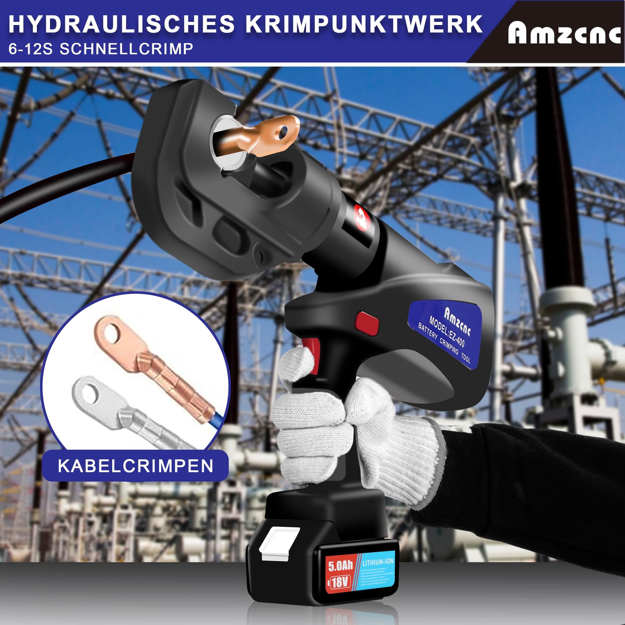 AMZCNC Wiederaufladbare Hydraulische Crimpzange, 18V Lithium Batterien 2 Stück, 16-300mm², 11
