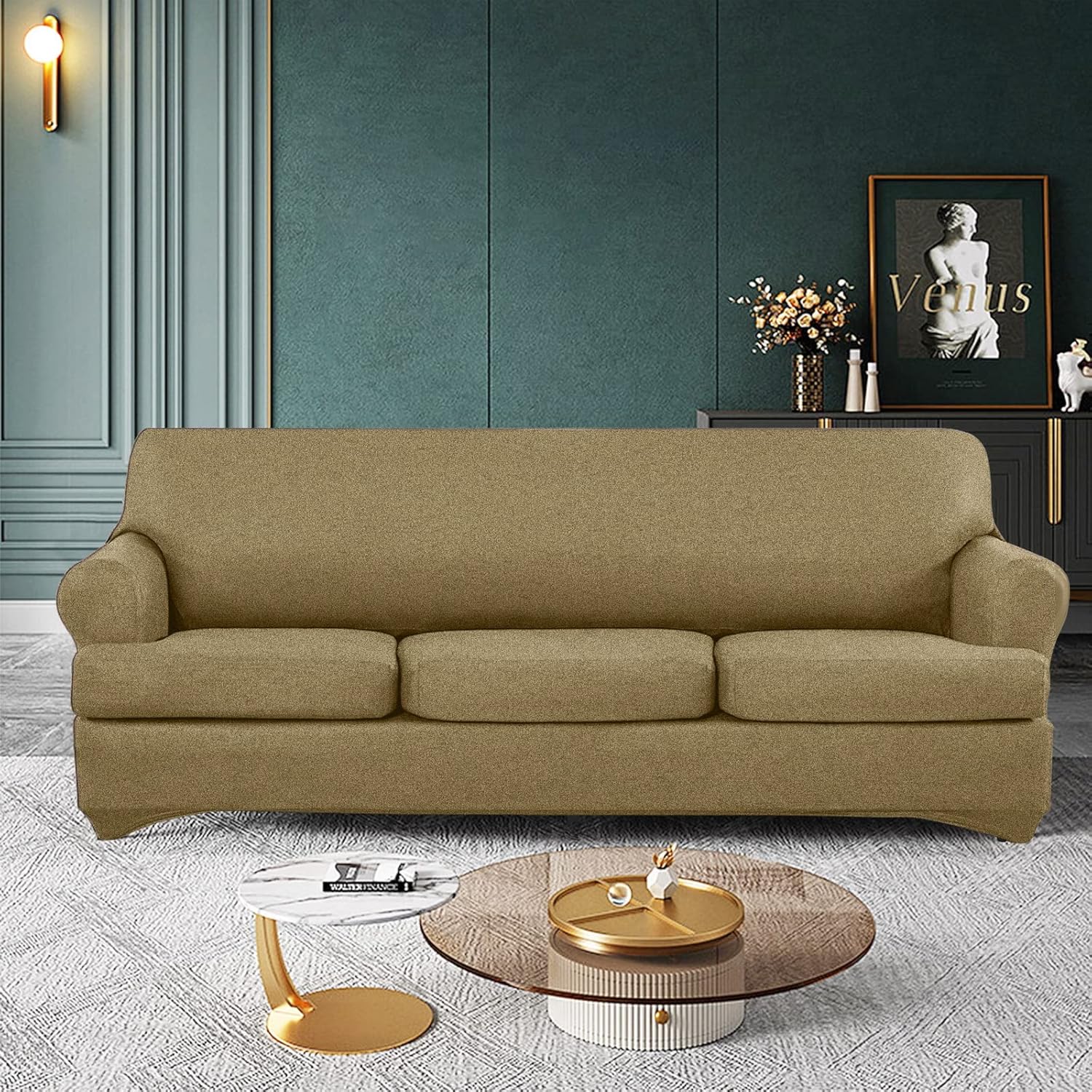 AmazeCov 4 Pieces Specially Designed for T Cushion Sofa Slipcovers Foil Printed with 3 Individually T Cushion Shape Seat Covers for Dogs, Washable with Elastic Bottom, Yellow T Sofa Yellow