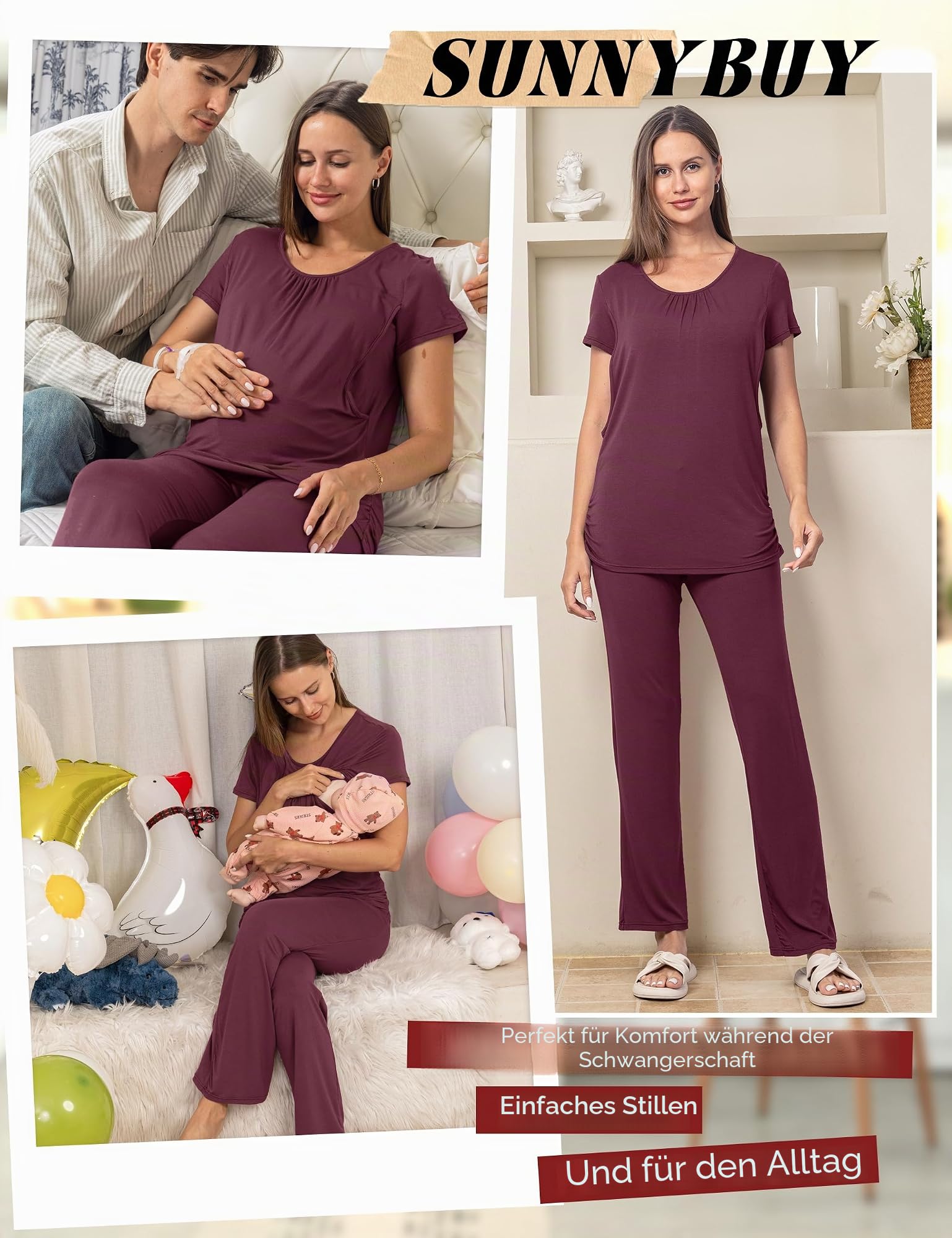 SUNNYBUY Damen Umstandsmode Stillpyjama-Set, Kurzarm-Stillshirts, Schwangerschafts-Shorts und Hosen, 3-teiliges Stillpyjama-Set, Dunkelrot XL