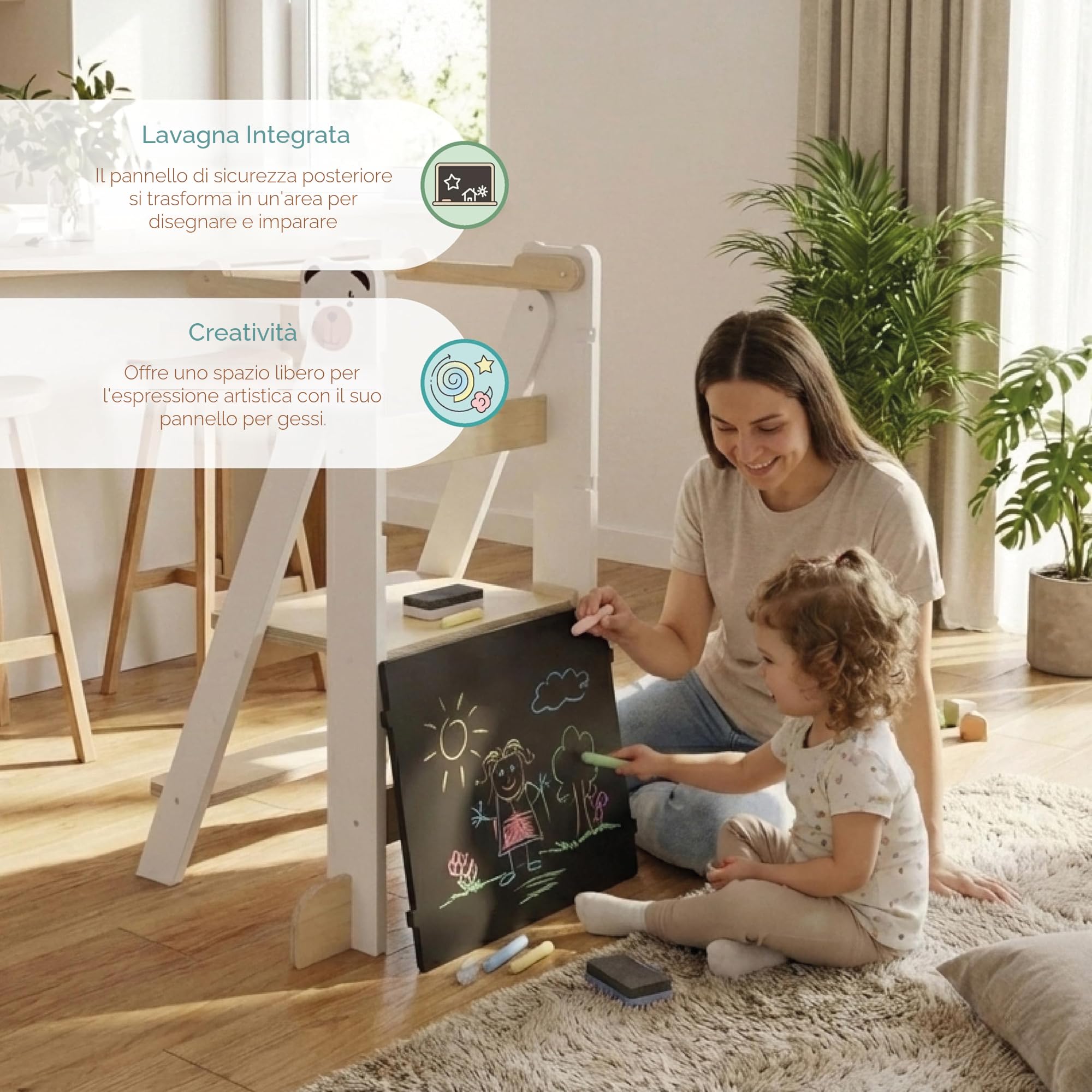Buddy Baby • Torre di apprendimento pieghevole e Torre di aiuta in cucina • 36 mesi a 5 anni • Base regolabile in altezza • Pieghevole • Ringhiera di protezione • Supporti laterali