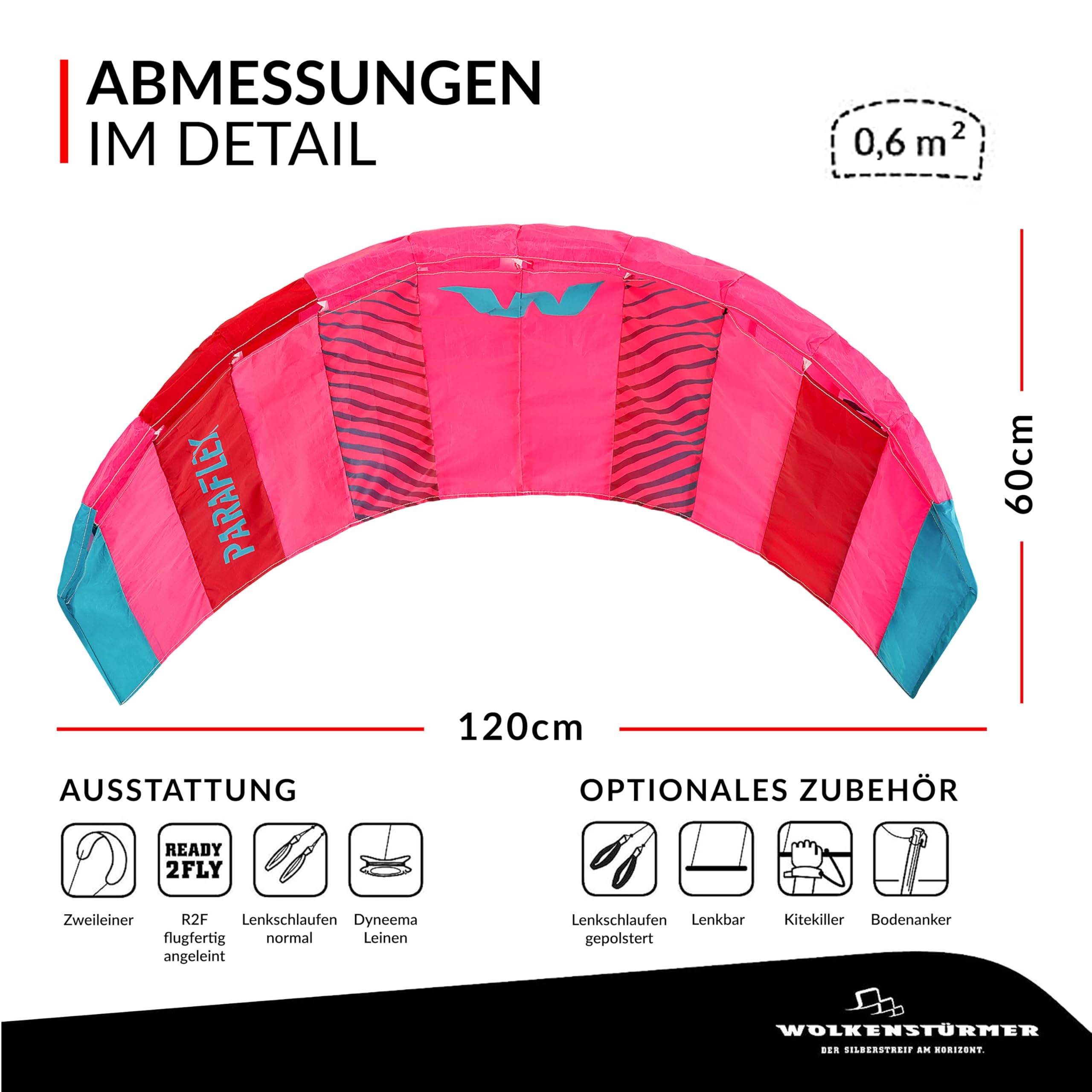 Wolkenstürmer Paraflex Basic 1.2 Cometa Pilotable, Poliéster Ripstop 70D, Rosa, 120 cm, 14 años, 2 líneas 45 kg