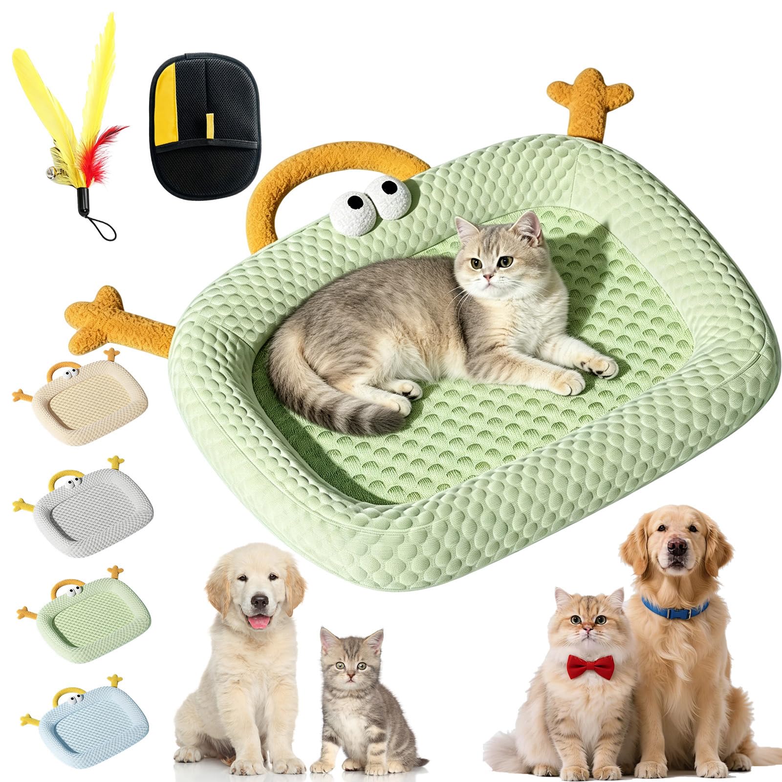 Syeefula Summer Cooling Cat Bed, Dog Cooling Mat & Cat Cooling Bed, Ice Silk Pet Cooling Mat for Cat & Small Dog, Washable Non-Slip Cat Mat, Portable Summer Mat for Dog Crate, Couch & Car (1green,S)