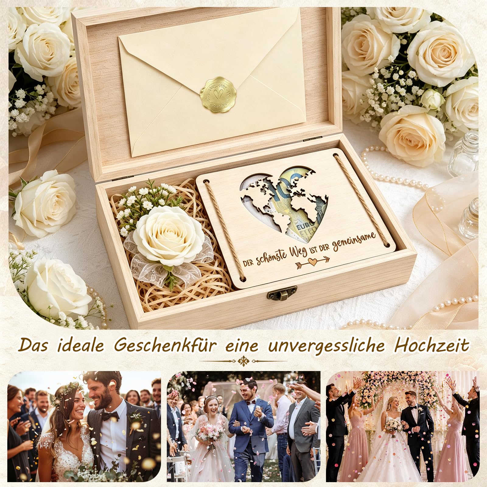 Caja de madera para regalo de boda, grande, regalo de boda para novios, caja de regalo con tarjeta, pinza para dinero y flores secas, para bodas para tu camino común