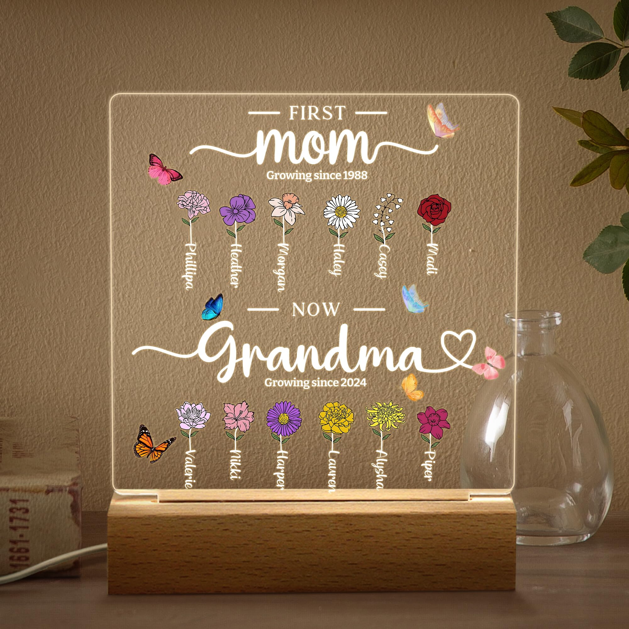 Kenon Custom Family Birth Flower Night Light, First Mom Now Grandma Home Decor with Kids Names, Personalized Acrylic Night Light with Wood Base, Mother Day Gift for Mom Grandma