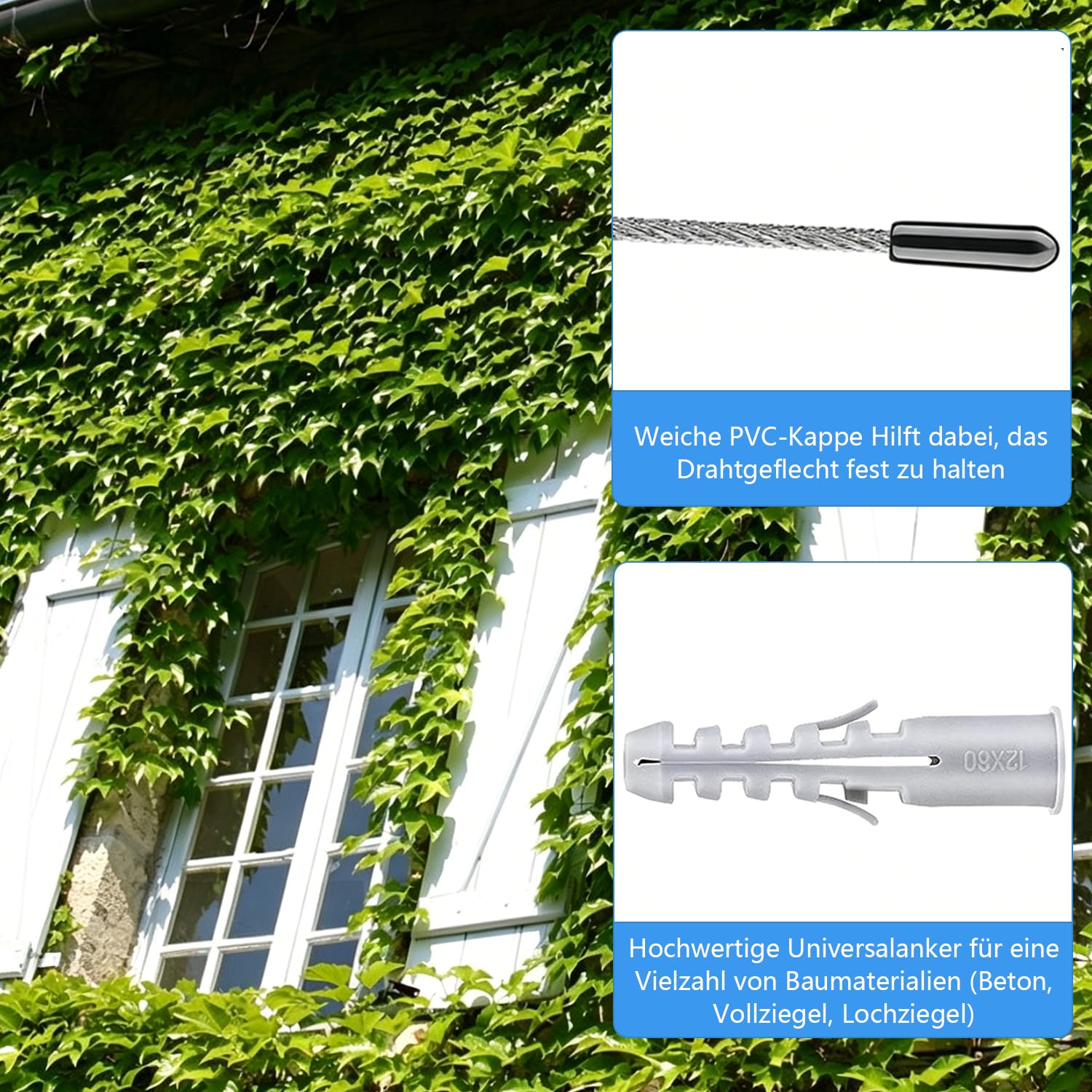 Rankhilfe Metall für Kletterpflanzen, Edelstahl Robust Drahtgitter Set mit 24m Rankhilfe Edelstahl (3mm Stahlseil) und 16 Halter für Kletterpflanzen, Garten, Mauer, Rosen Weinreben