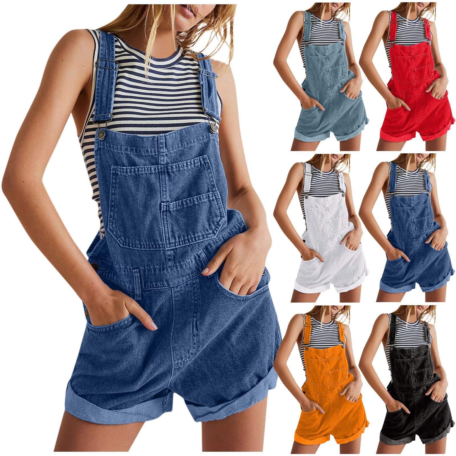 Denim Shortalls for Women Casual Jean Romper Summer Overalls for Women 2025 Wide Leg Work Jumpsuit Shorts with Pockets Denim Adjustable Bib Overall Shorts Plus Size One Piece Romper Utility Jumpsuit