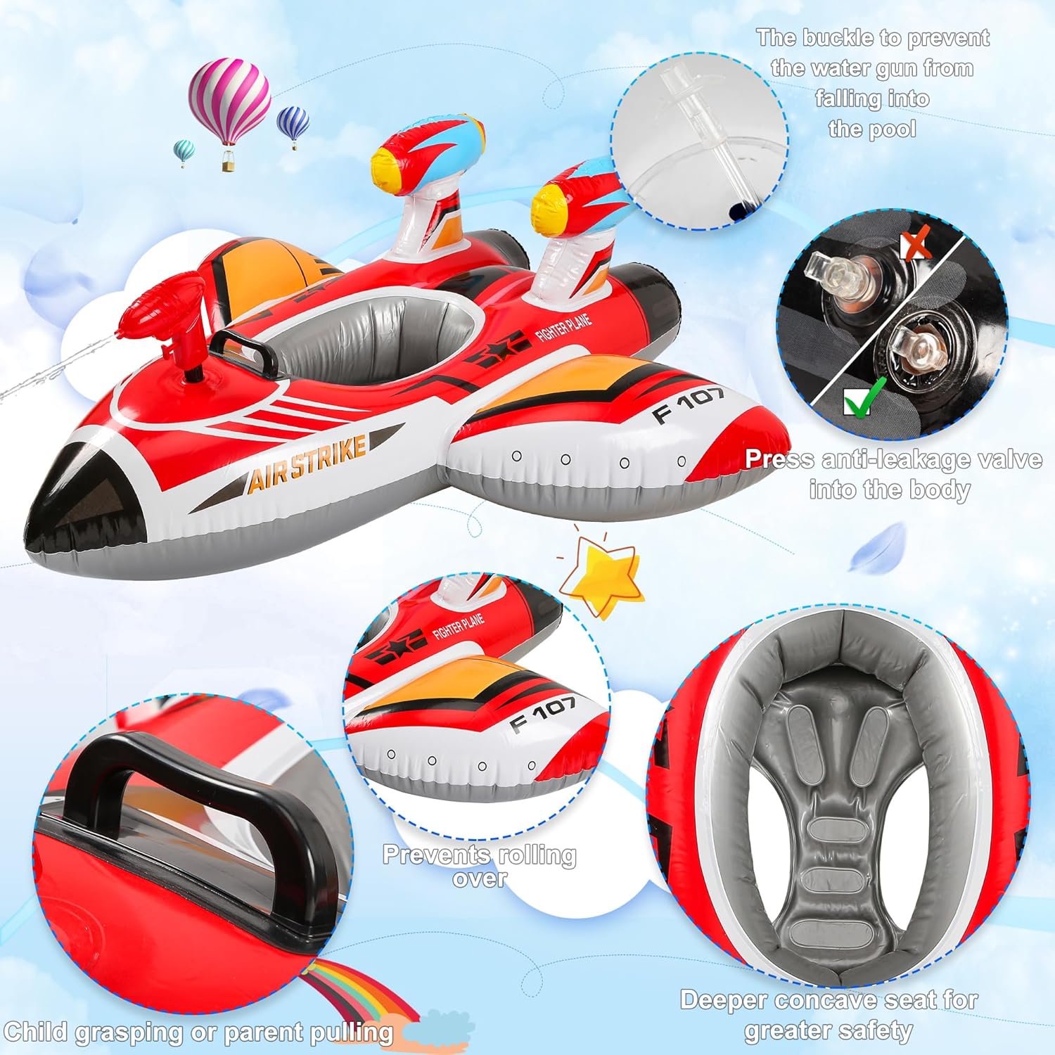 Pool Float Kids Inflatable Airplane Pool Floats Boat with Squirt Gun and Handle Toddler Pool Floaties Inflatable Ride-on Pool Toys Summer Outdoor Water Pool Games Beach Toys for Boys Girls Ages 3-6