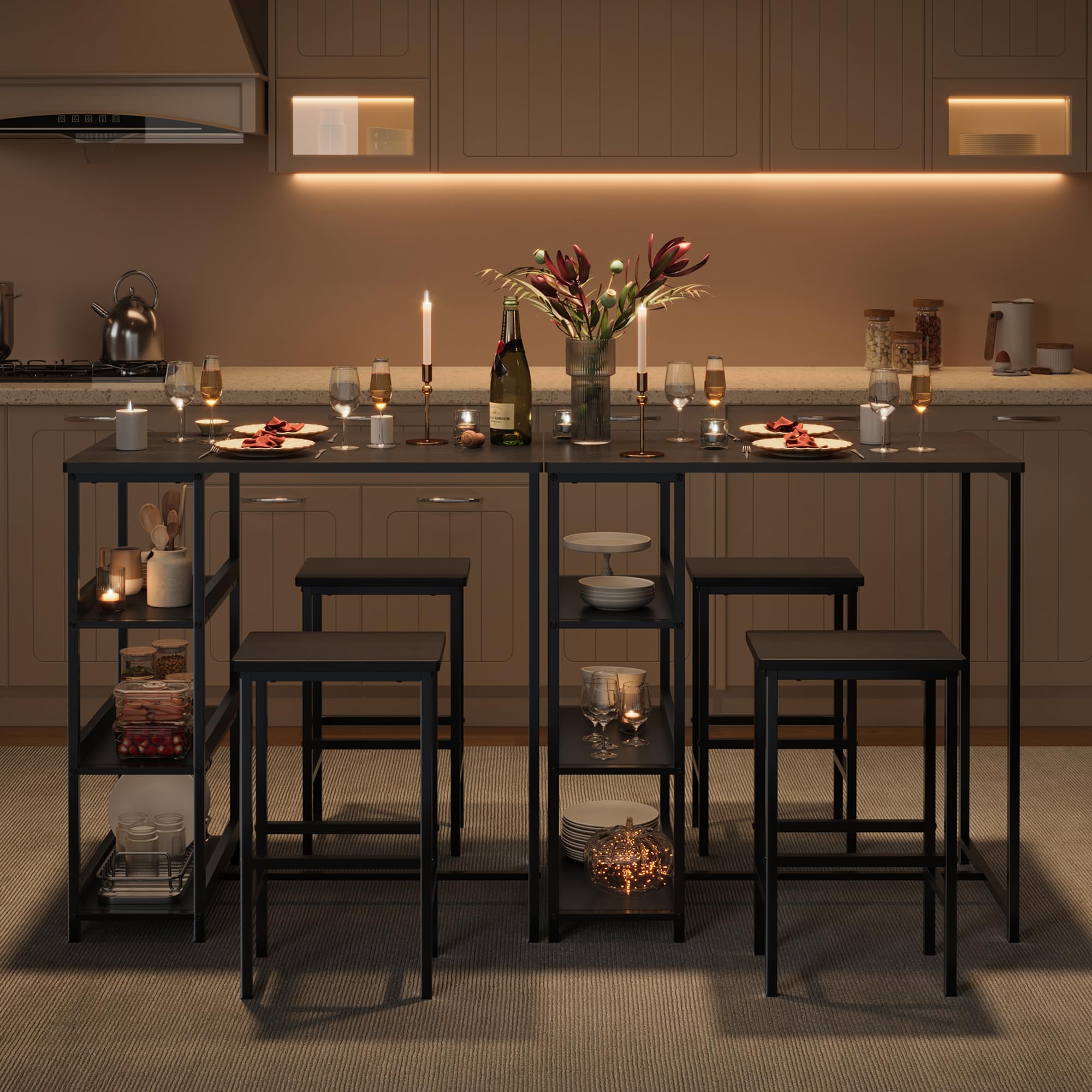 3-teiliges Esszimmer-Set – Moderner Esstisch mit Metallgestell & Holzoptik, 2 Barhockern, Ablagefächern, platzsparend für Küche, einfache Montage, Schwarz, Black Tube + Black Wood Grain
