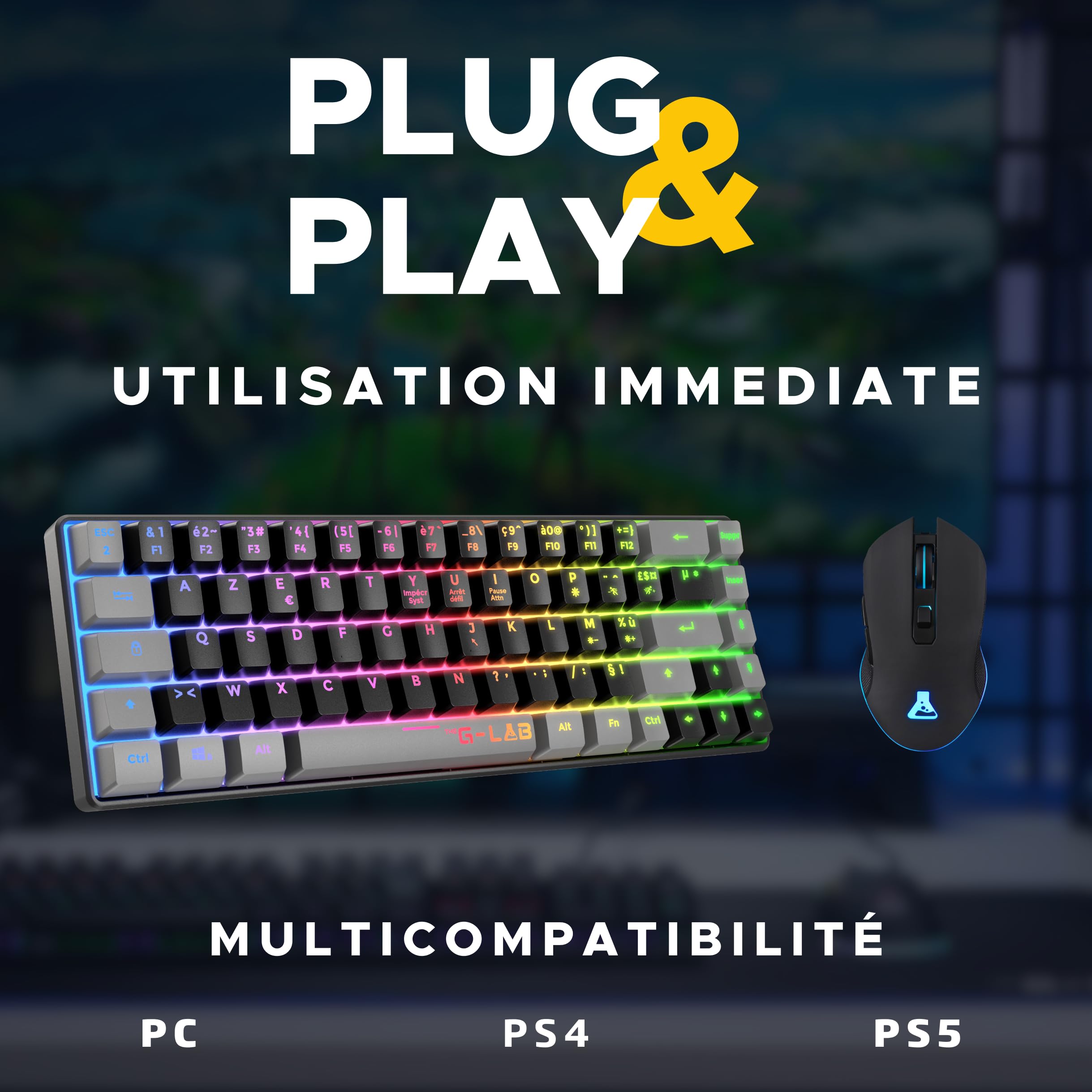 The G-Lab - Combo Hydrogen - Pack Clavier Souris Gamer, Clavier Gamer 65% Filaire, Rétroéclairage RGB, azerty, Format Compact + Souris Gaming RGB, 6 Boutons, 7200 DPI - PC/PS4/PS5 – Noir/Gris