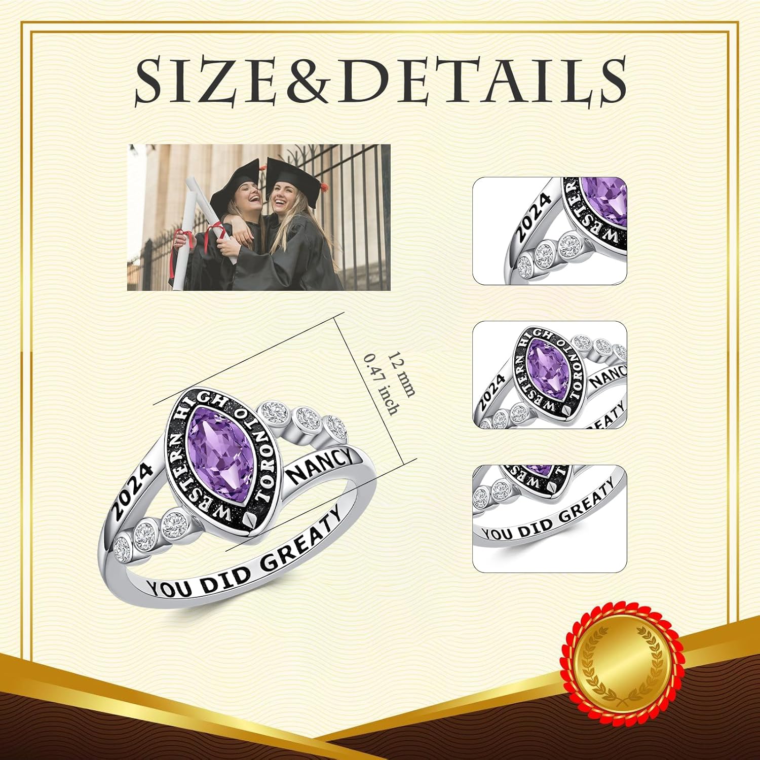 10K/14K/18K Gold/Sterling Silver Class Ring for Women Customized High School College Ring Personalized Birthstone Ring Size 4-15 Graduation Ring Engraved Name