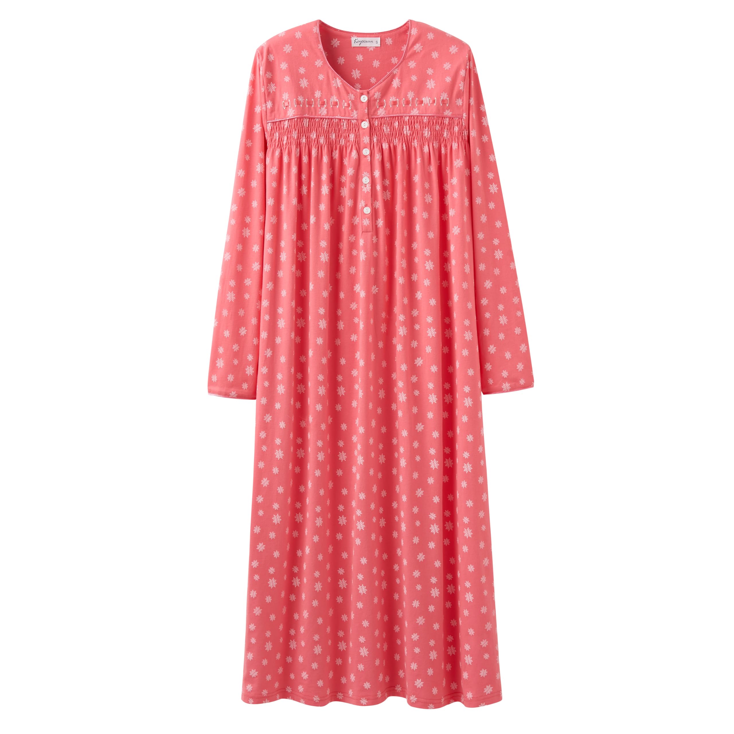 Keyocean Nightgowns for Women, Soft Cotton Comfy Lightweight Embroidered Long-sleeve Nightdress