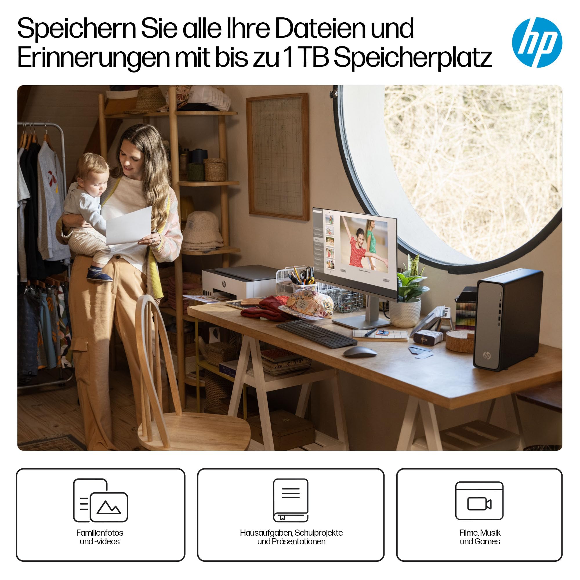 HP OmniDesk Slim Desktop S03-0230ng, Intel 300 Prozessor, 8 GB DDR5 RAM, 512 GB PCIe Gen4 SSD, Intel UHD Graphics 710, Windows 11 Home, Wi-Fi 6, USB Type-C, Meteor Silver/Jack Black