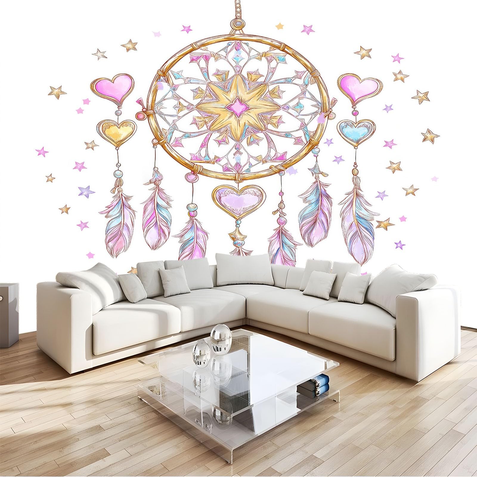Moderne Fototapete Vliestapete Rosa250 x 175 cm - Boho Feder Traumfänger für Schlafzimmer Wohnzimmer Kinderzimmer - Hochwertige Wandtapete Vlies Wanddekoration Großformat Design
