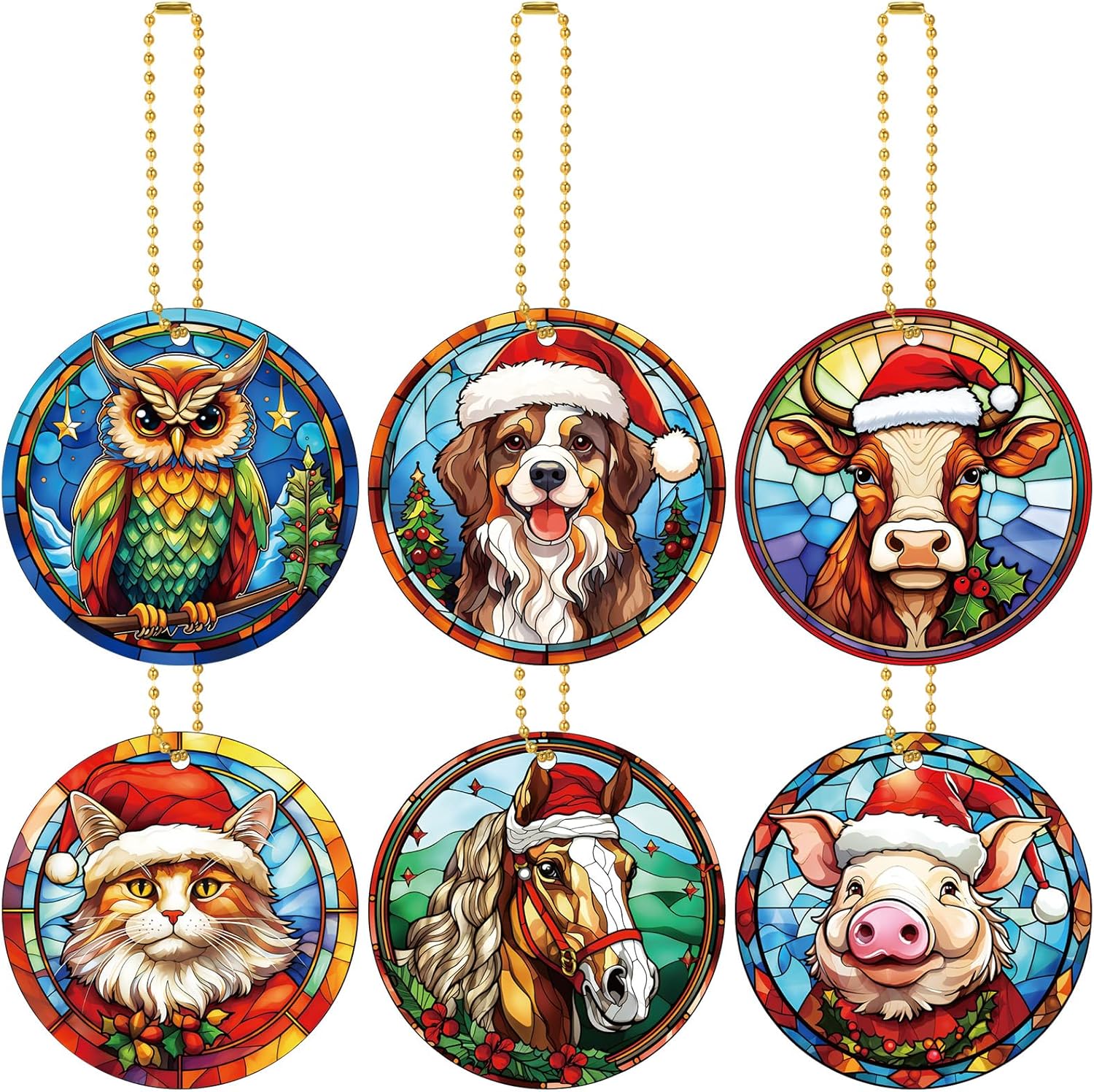 6 Pcs Christmas Tree Hanging Ornament Stained Glass Style Christmas Tree Decoration Fun Acrylic Christmas Ornaments Xmas Round Window Hanging Art Cat Horse Christmas Decorations Gifts(Cute)
