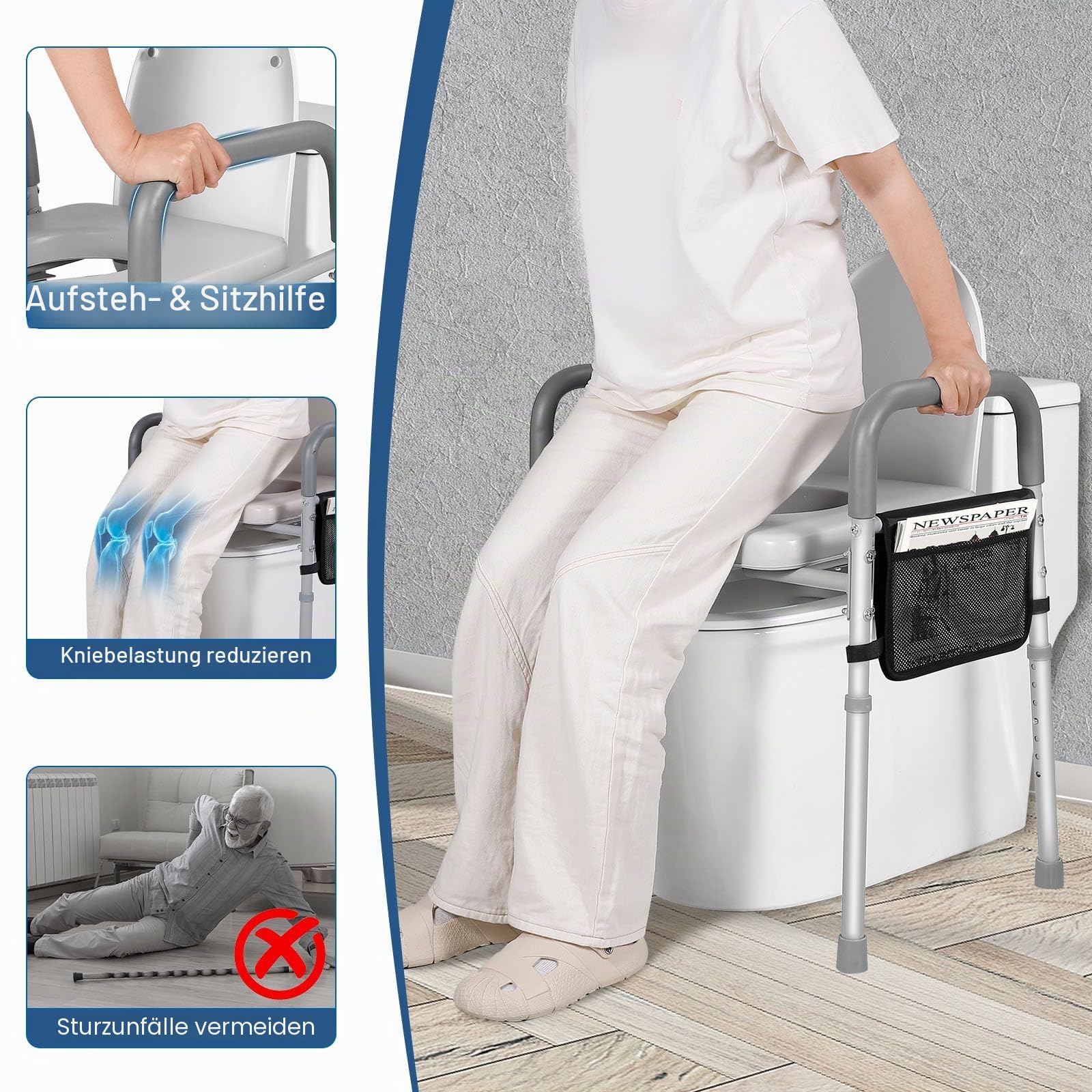 Höhenverstellbare Toilettensitzerhöhung für Senioren | bis 227kg, Mit Aufbewahrungstasche, gepolsterte Toilettensitzerhöhung mit Griffen für Senioren, Schwangere, Behinderung