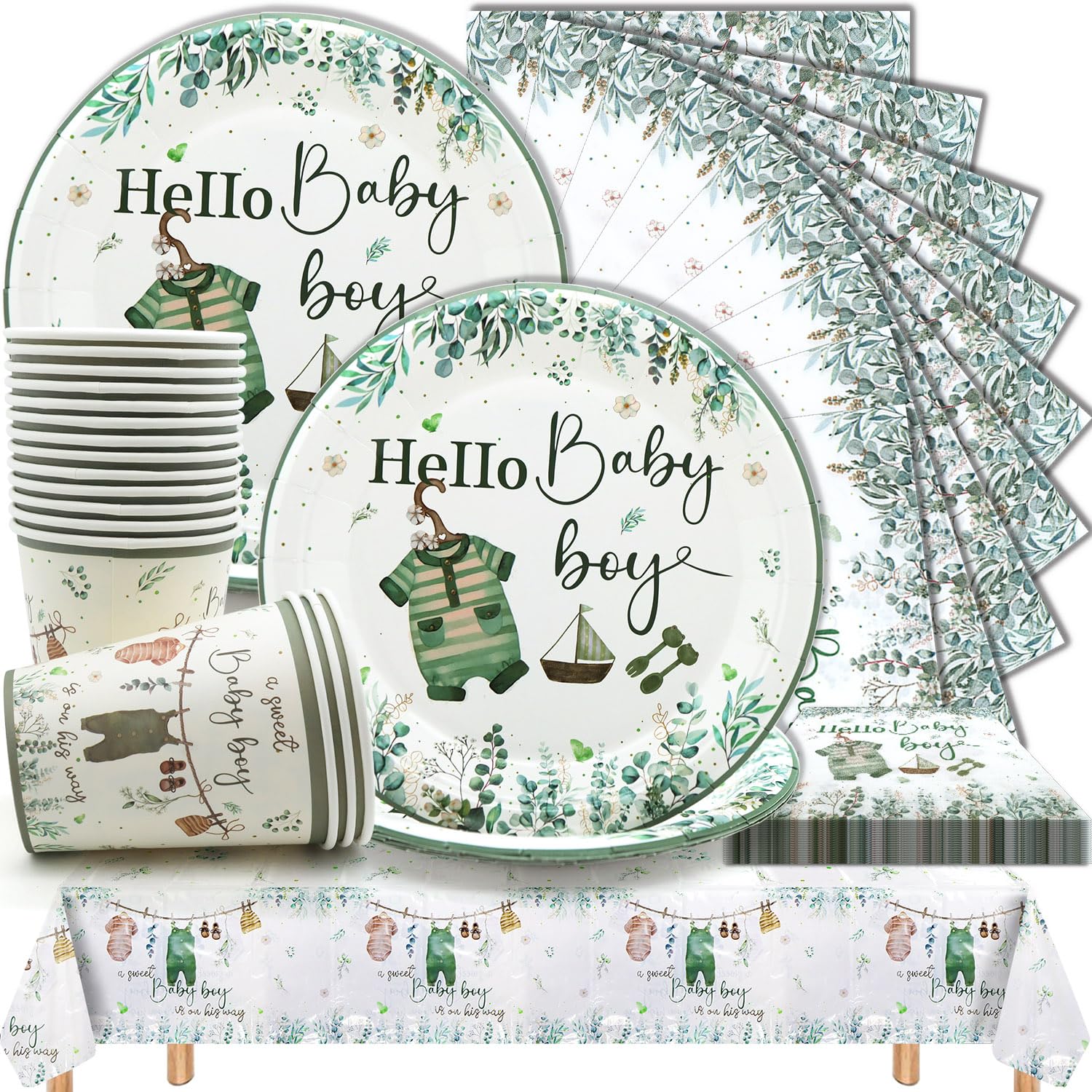 Ensemble de vaisselle pour la fête de bébé et serviettes anniversaire vert