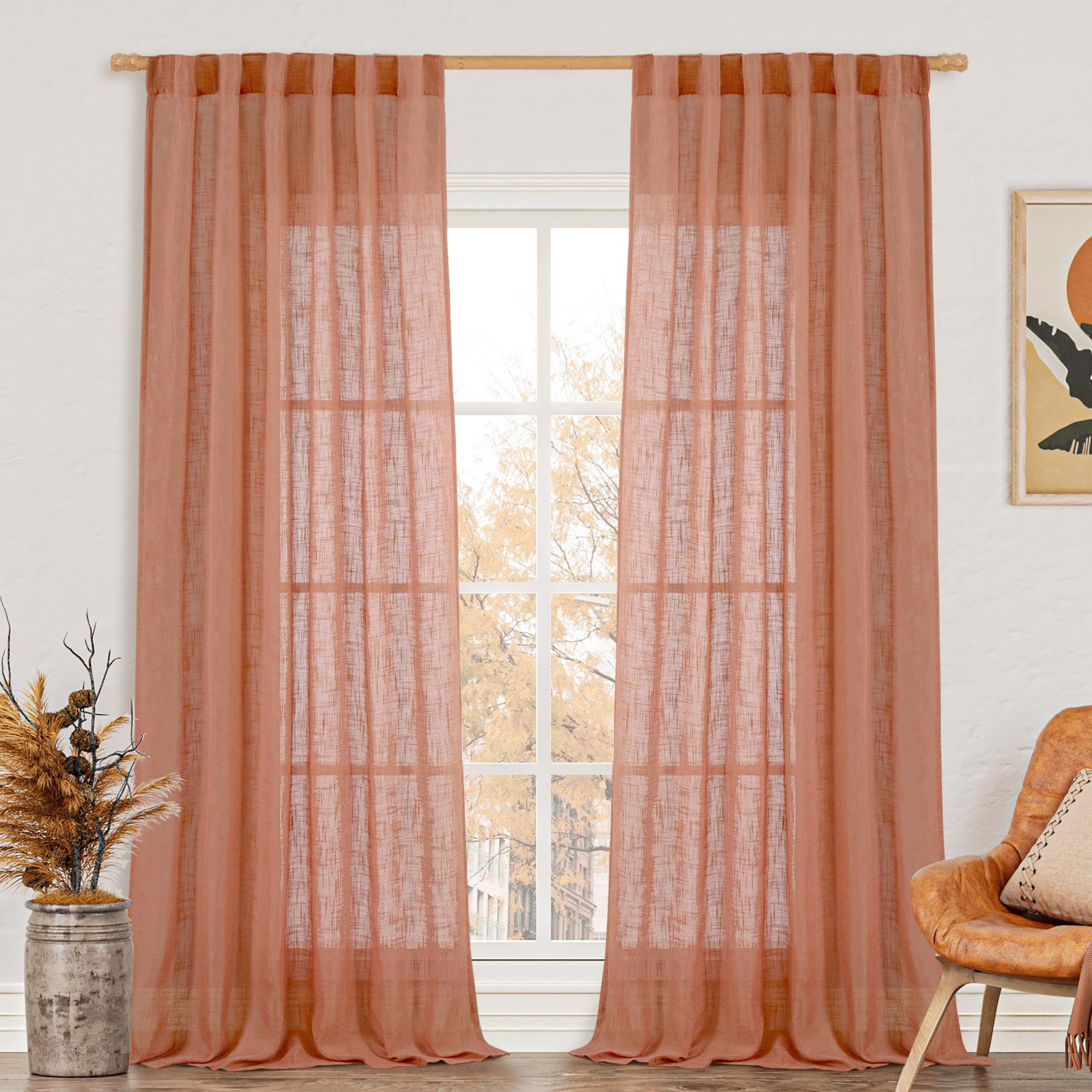 LAMIT Terracotta Linen Curtains - 90 Inch for Living Room, Fall Western Decor, Back Tab and Rod Pocket Boho Curtains - Burnt Orange Rustic Drapes for Bedroom, Set of 2, 52 x 90 Inch โ image 1