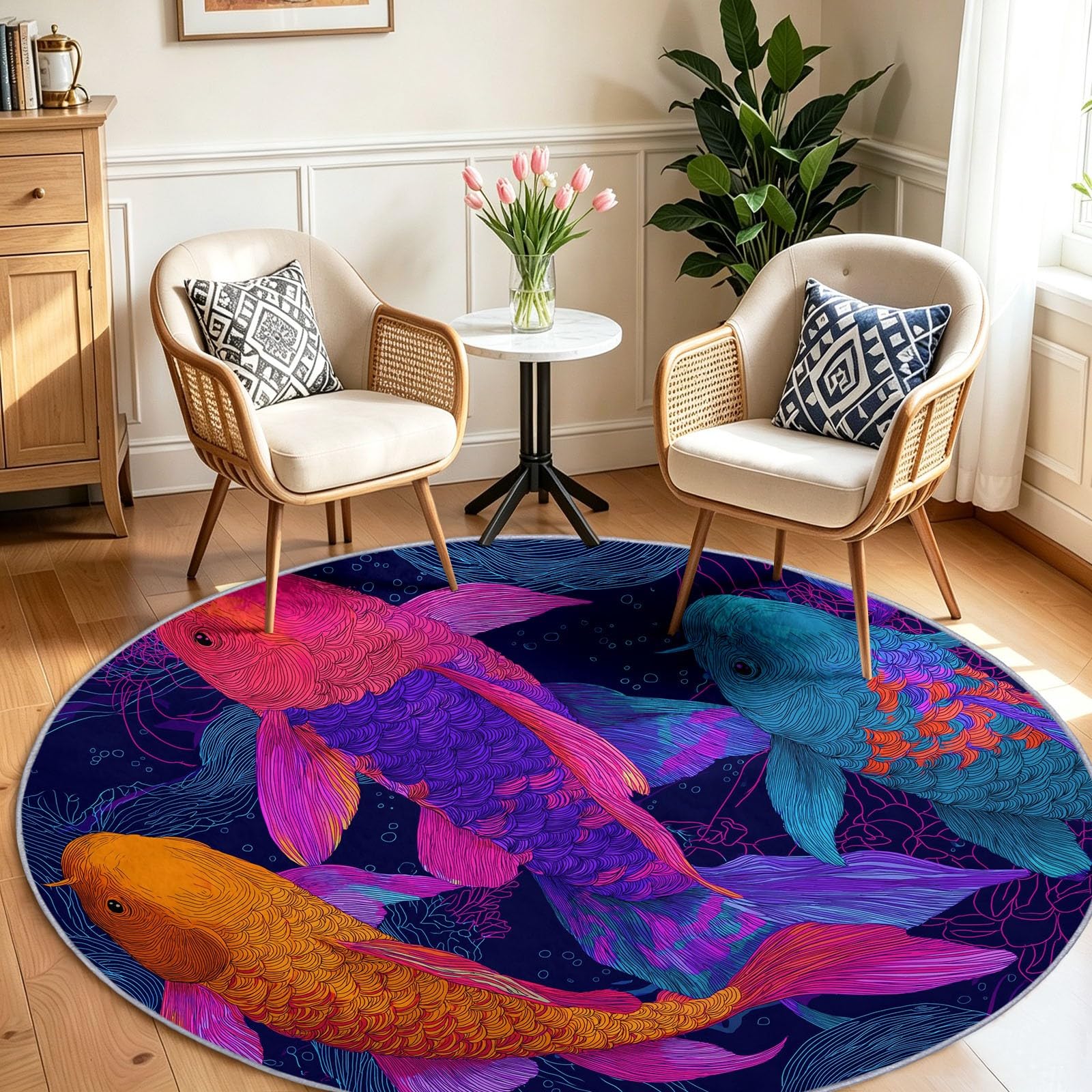 Générique Dywan do pokoju dziecięcego dziewczynki chłopiec okrągły Ø 60 cm Pop Art mata podłogowa dekoracja antypoślizgowa - miękkie pełzanie do salonu, kuchni, stolik kawowy, falowanie karpia koi