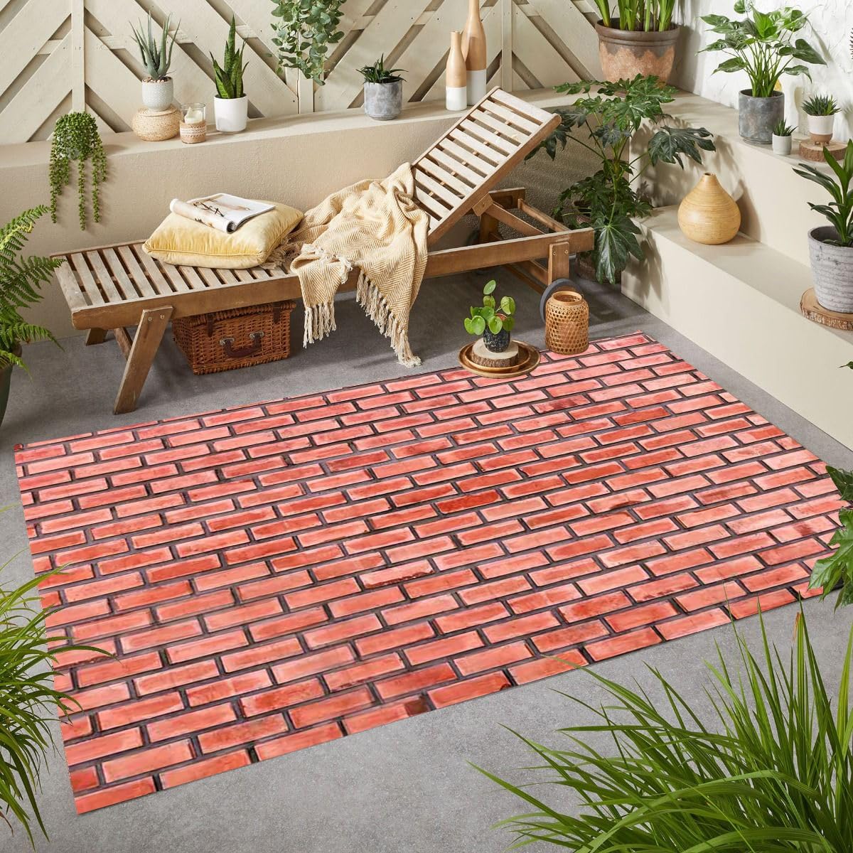 Red Outdoor Rug Modern Farmhouse Stone Print Waterproof